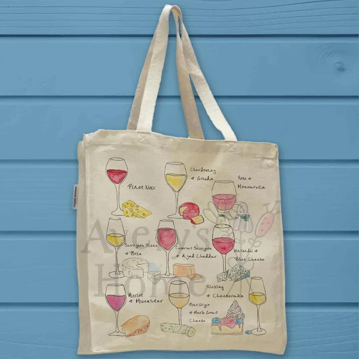 Wine and Cheese Pairing cotton tote bag, art by Avery Jackson