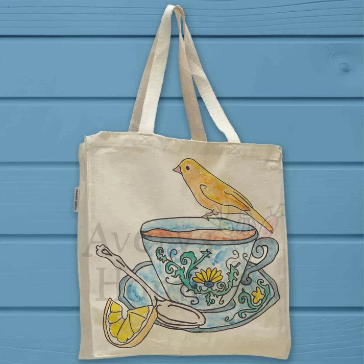 Teacup, Lemon, and Yellow Bird cotton tote bag, art by Avery Jackson