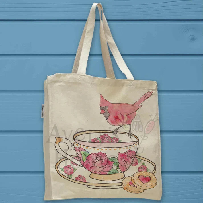 Teacup Roses, Cardinal, and Cookie cotton tote bag, art by Avery Jackson