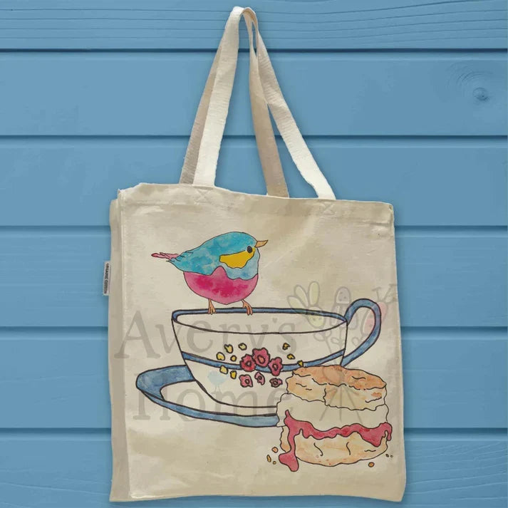 Teacup, Scone, and Colorful Bird cotton tote bag, art by Avery Jackson