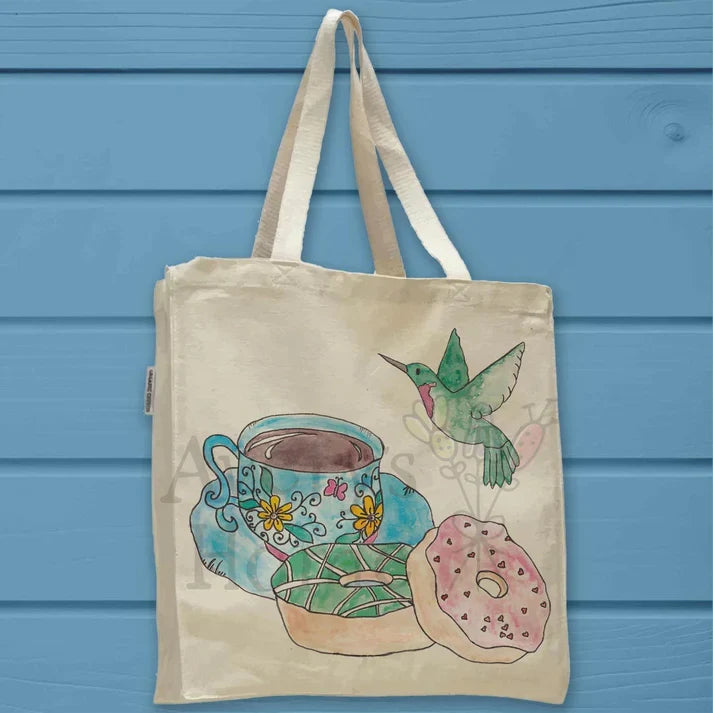 Flower Coffee Cup, Donuts, and Hummingbird cotton tote bag, art by Avery Jackson