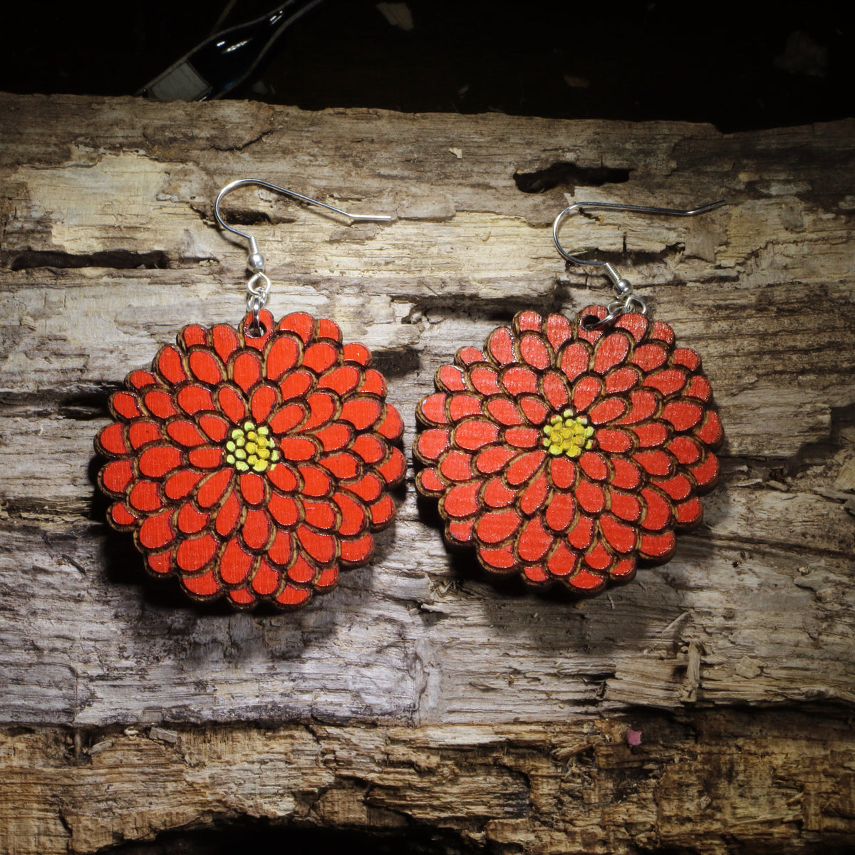 Zinnia Flower Wooden Earrings | Floral Garden Jewelry