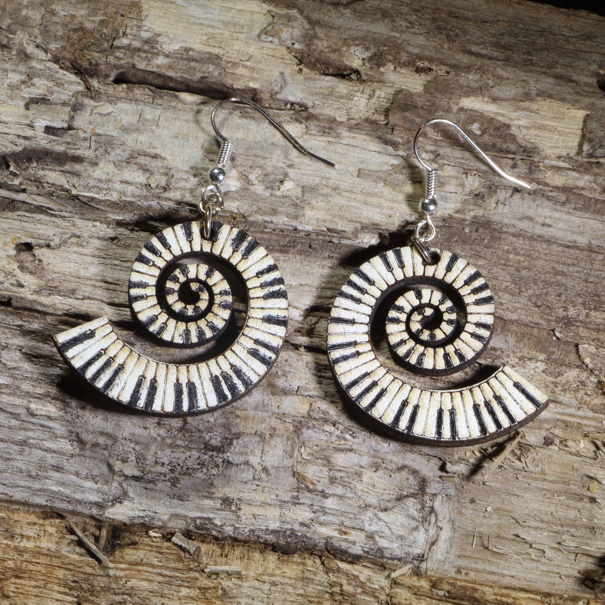 Swirl Piano Keyboard Wooden Dangle Earrings | Music Jewelry