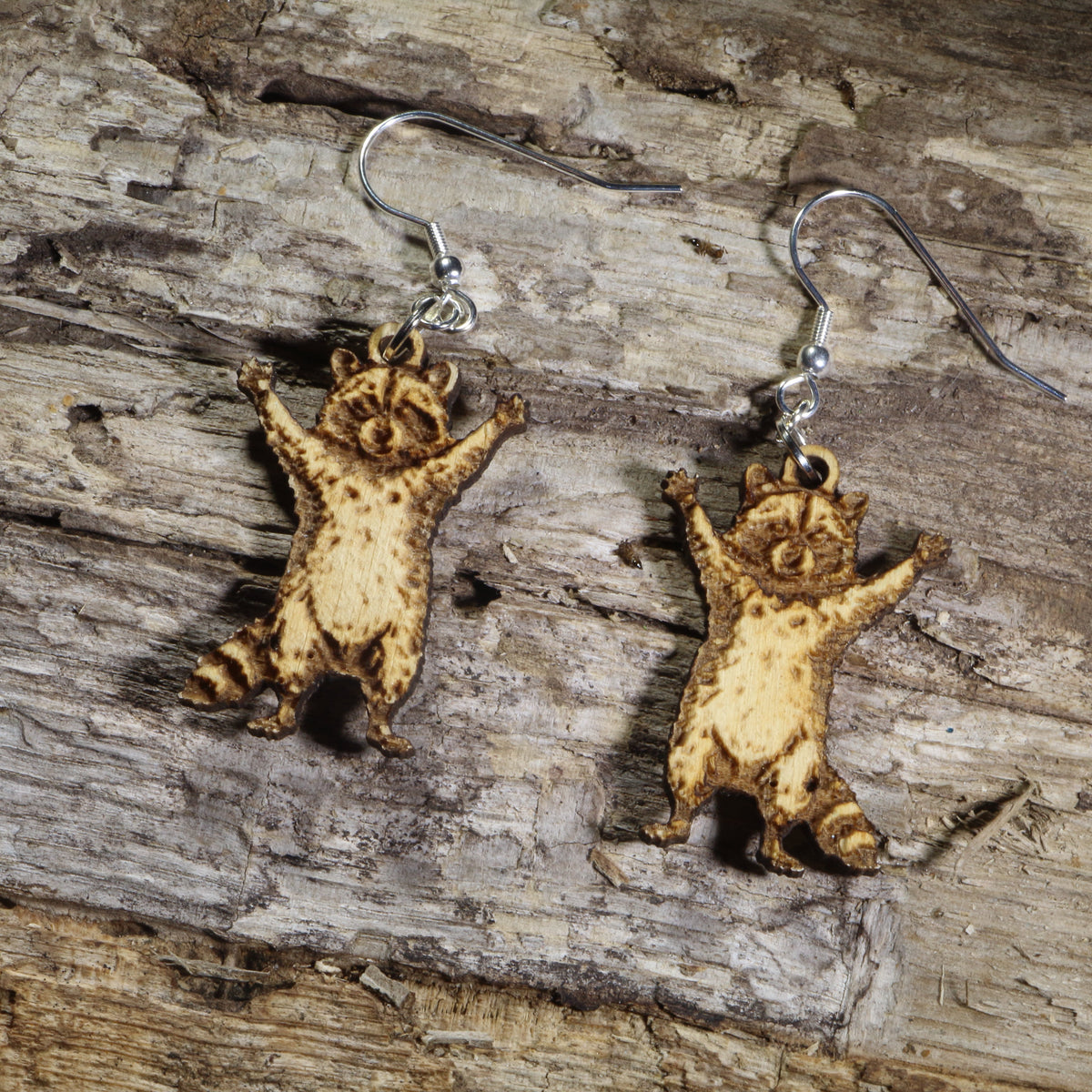Raccoon Wooden Dangle Earrings | Cute Woodland Animal Jewelry