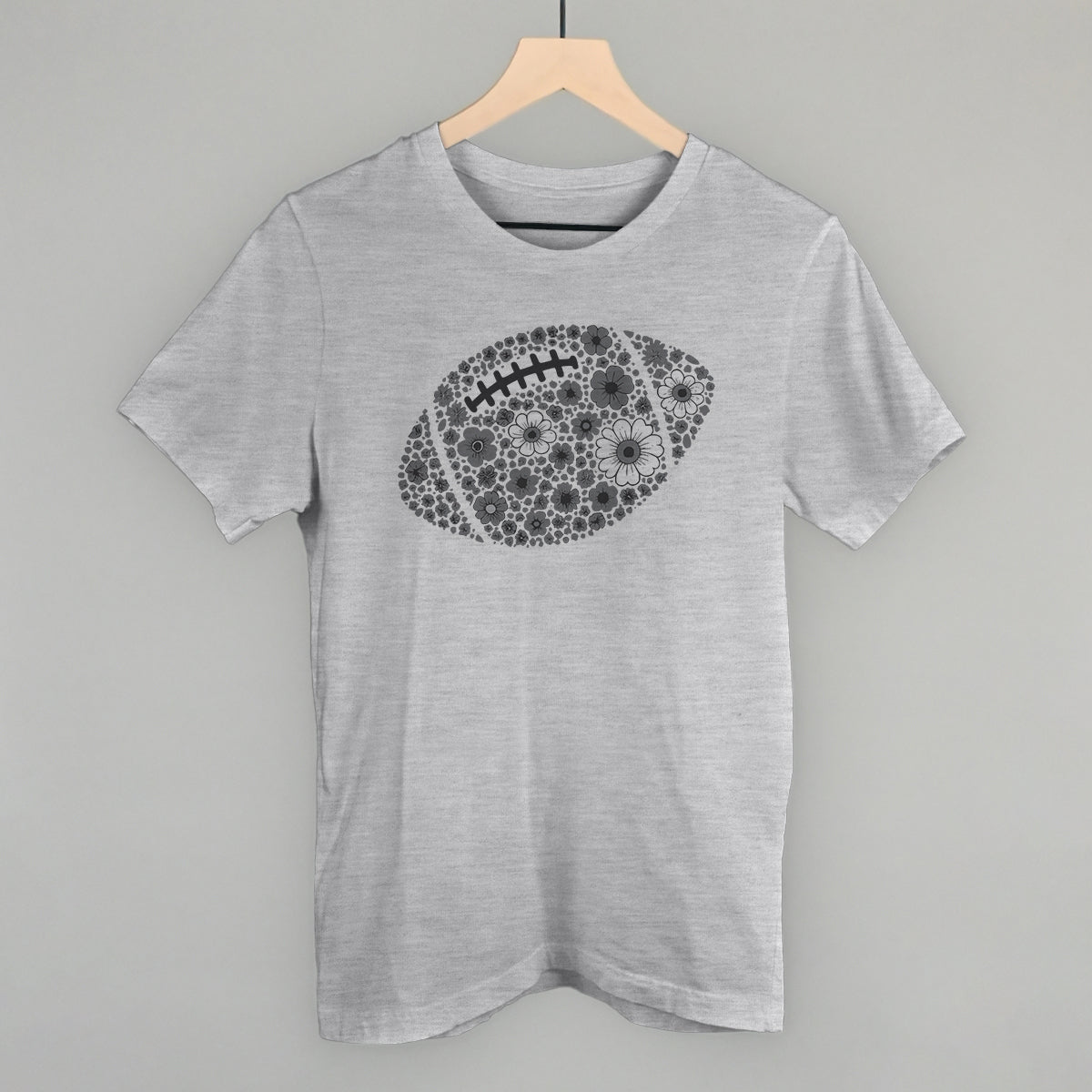 Grey floral football design on an athletic heather cotton tee