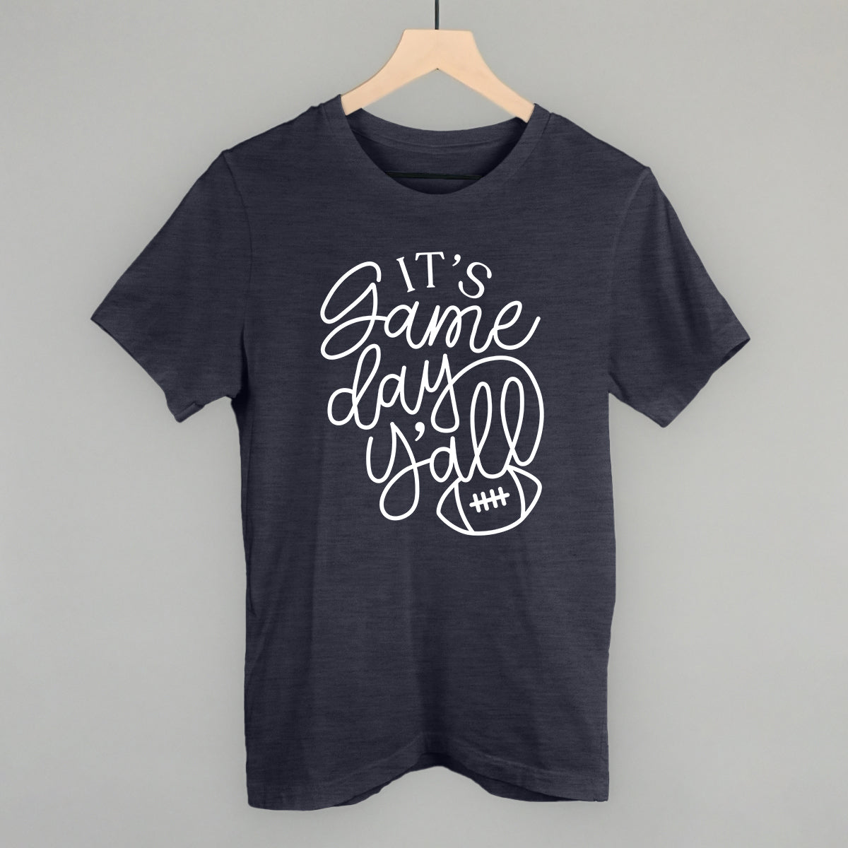 It's Game Day Y'all script design on a heather navy cotton tee