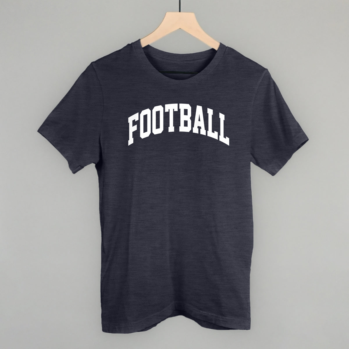 Football arch in white print on a heather navy cotton tee