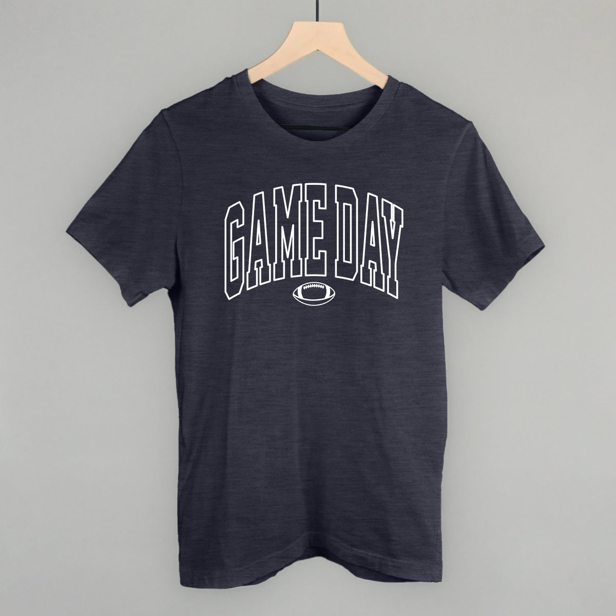 Game Day outlined arch design on a heather navy cotton tee