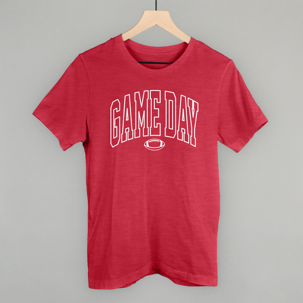 Game Day outlined arch design on a heather red cotton tee