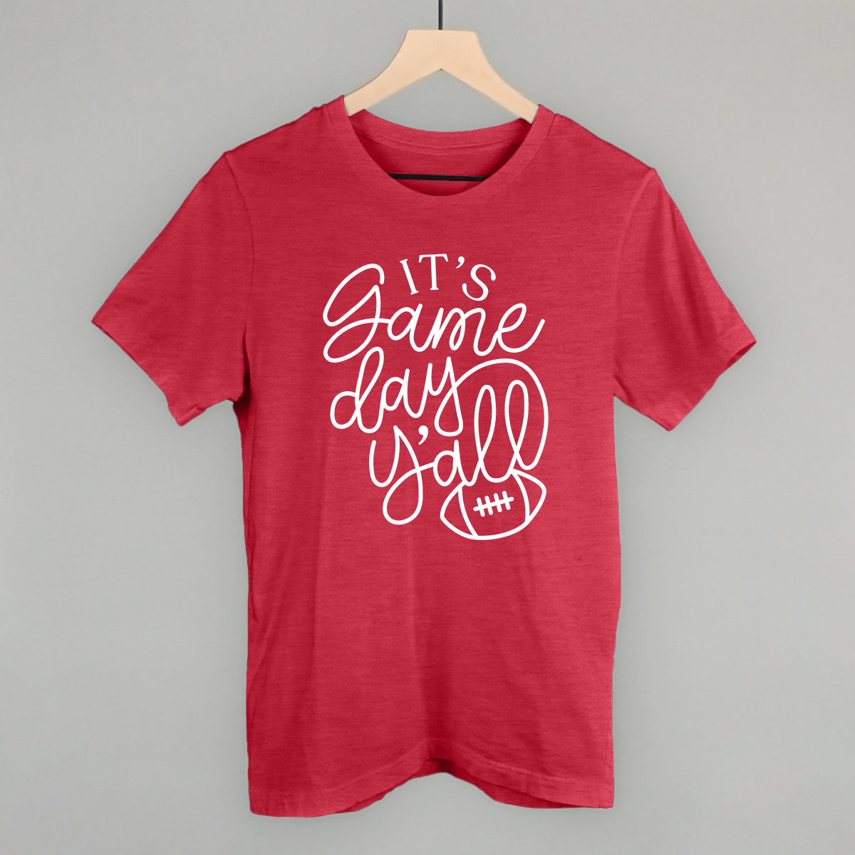 It's Game Day Y'all script design on a heather red cotton tee