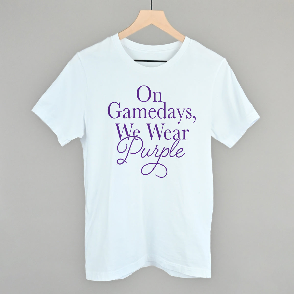 On Gamedays We Wear Purple design on a white cotton tee