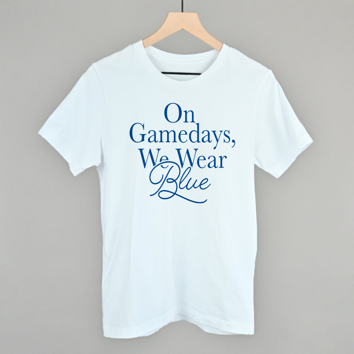 On Gamedays We Wear Blue design on a white cotton tee
