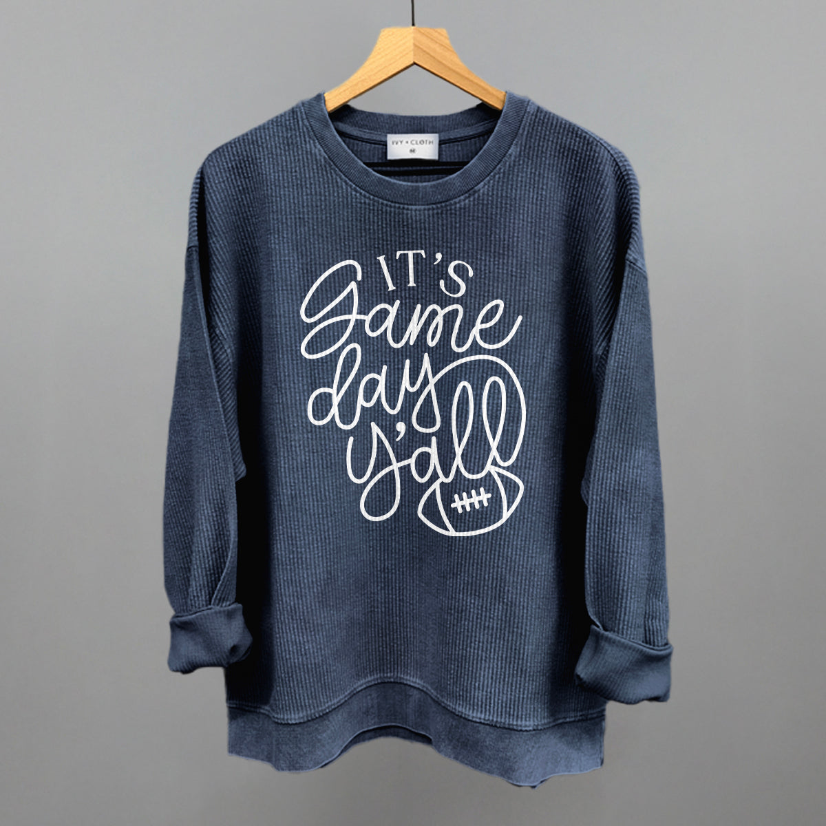 It's Game Day Y'all script design on a navy oversized corded crew