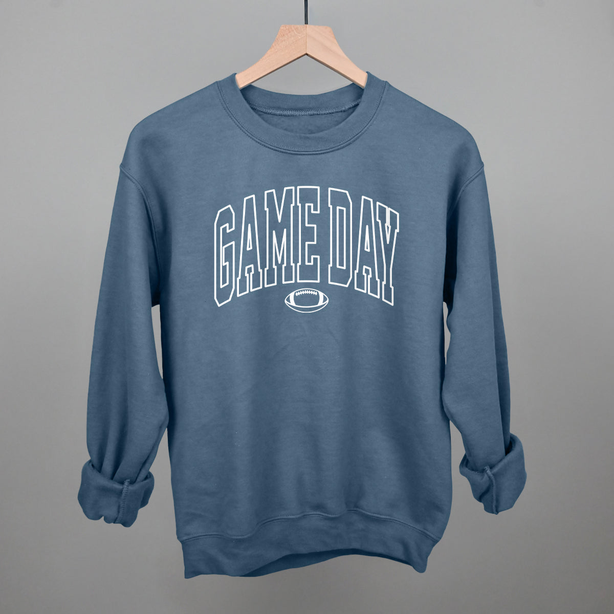 Game Day outlined arch design on an indigo blue fleece sweatshirt