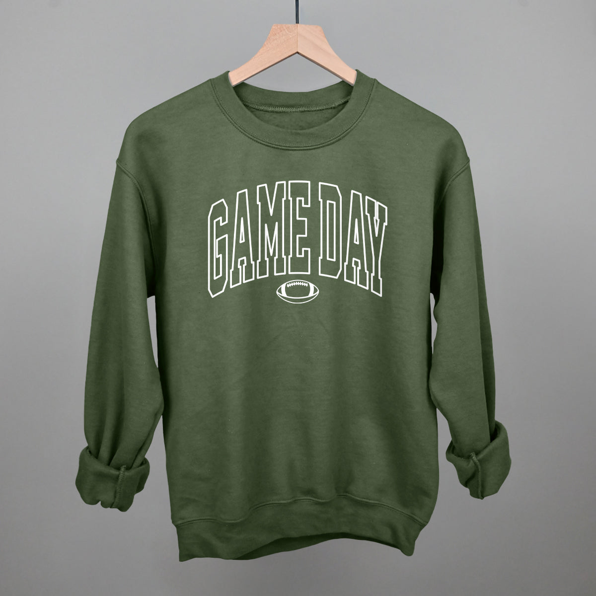 Game Day outlined arch design on a military green fleece sweatshirt