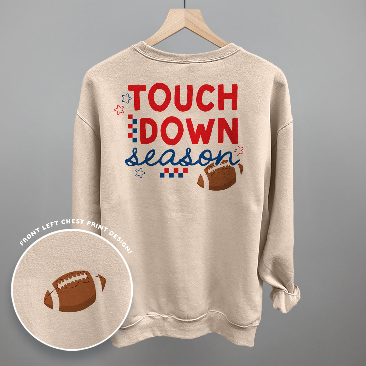 Touchdown Season back print design shown in light sandstone