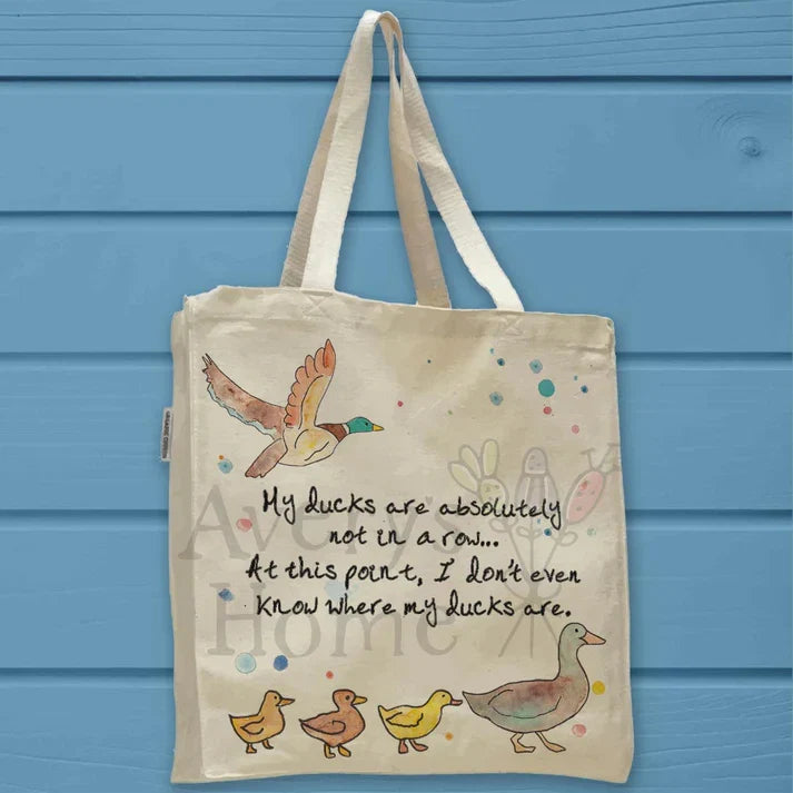 Ducks in a Row cotton tote bag, art by Avery Jackson