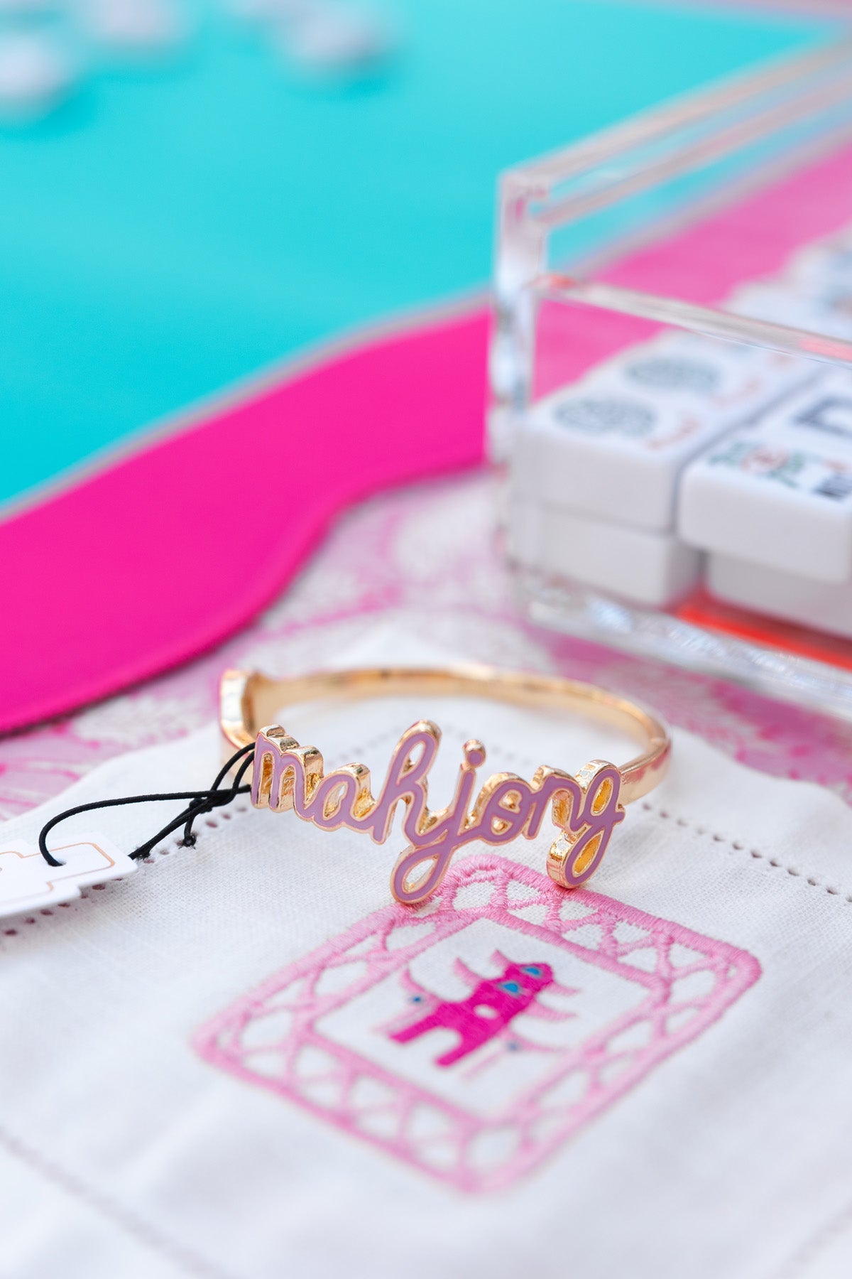Mahjong Cursive Enamel Hinge Bangle in Light Pink
