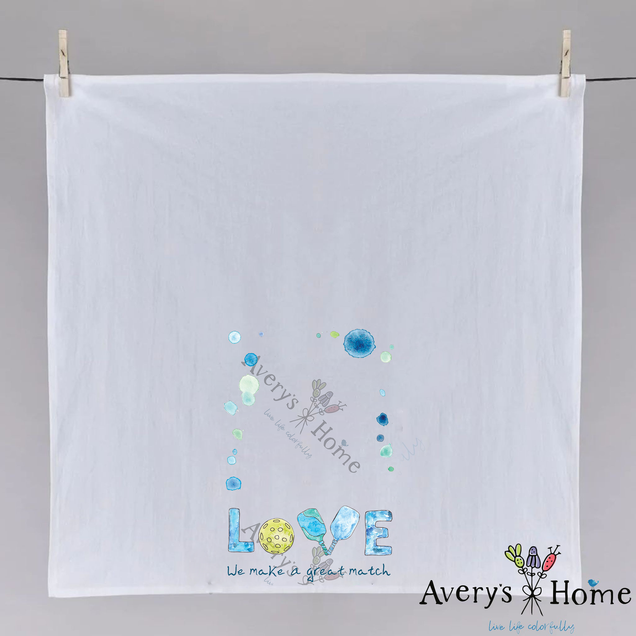 We Make a Great Match Pickleball dish towel folded, hemmed on all four sides