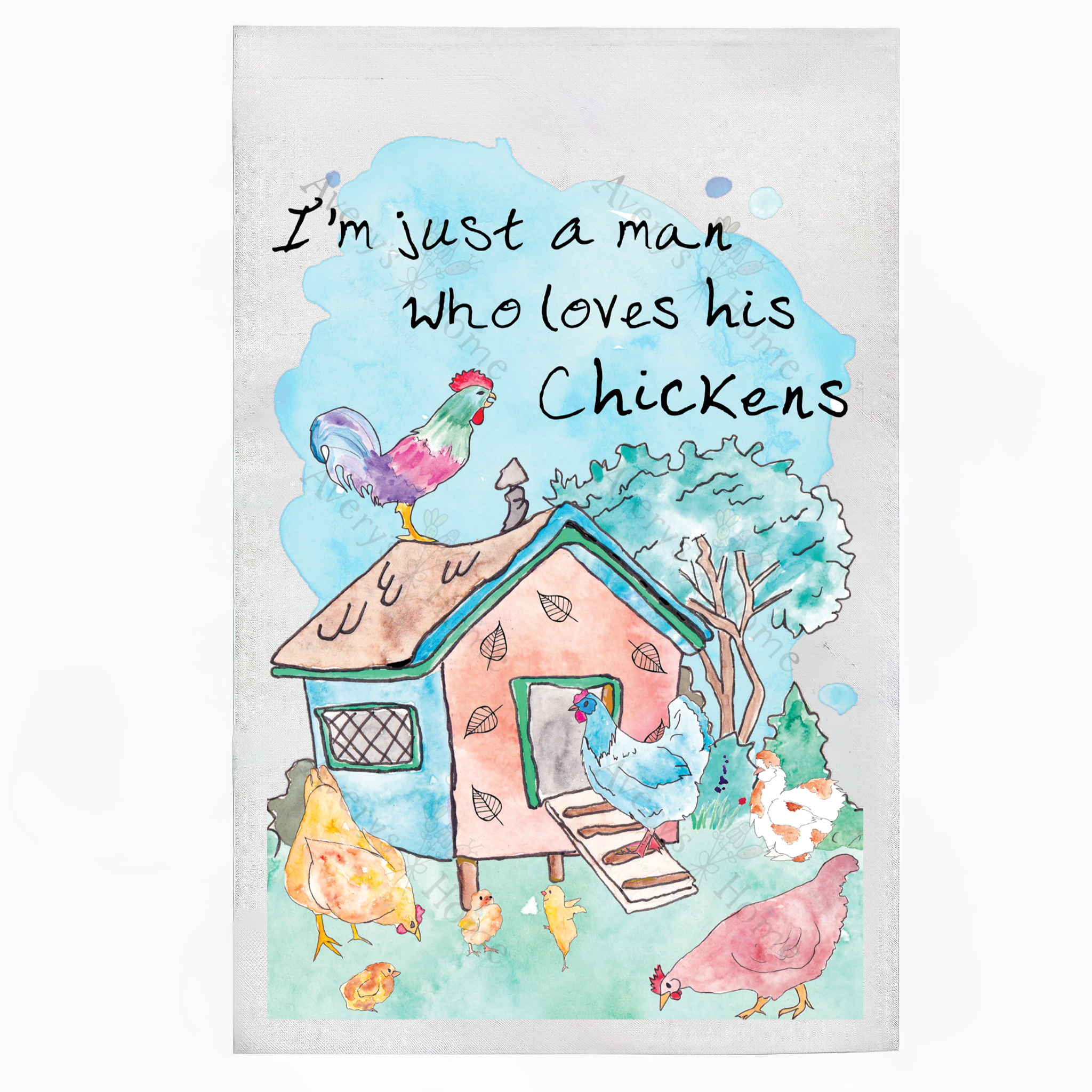 Man Who Loves Chickens dish towel design detail