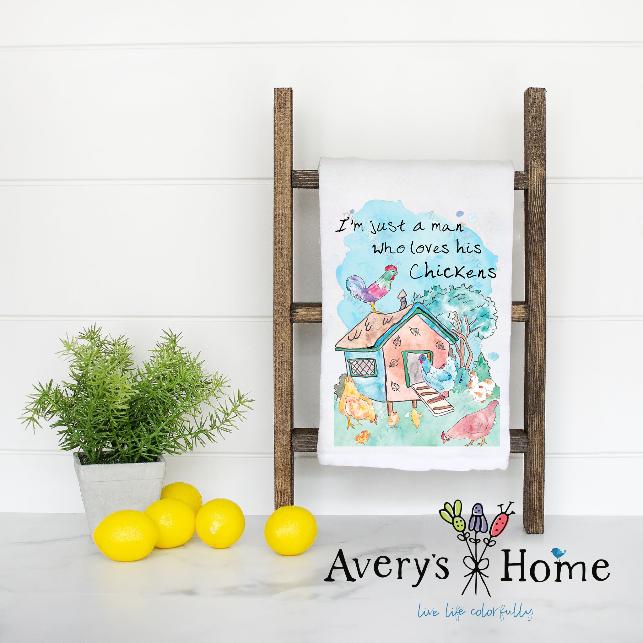Man Who Loves Chickens flour sack dish towel, art by Avery Jackson