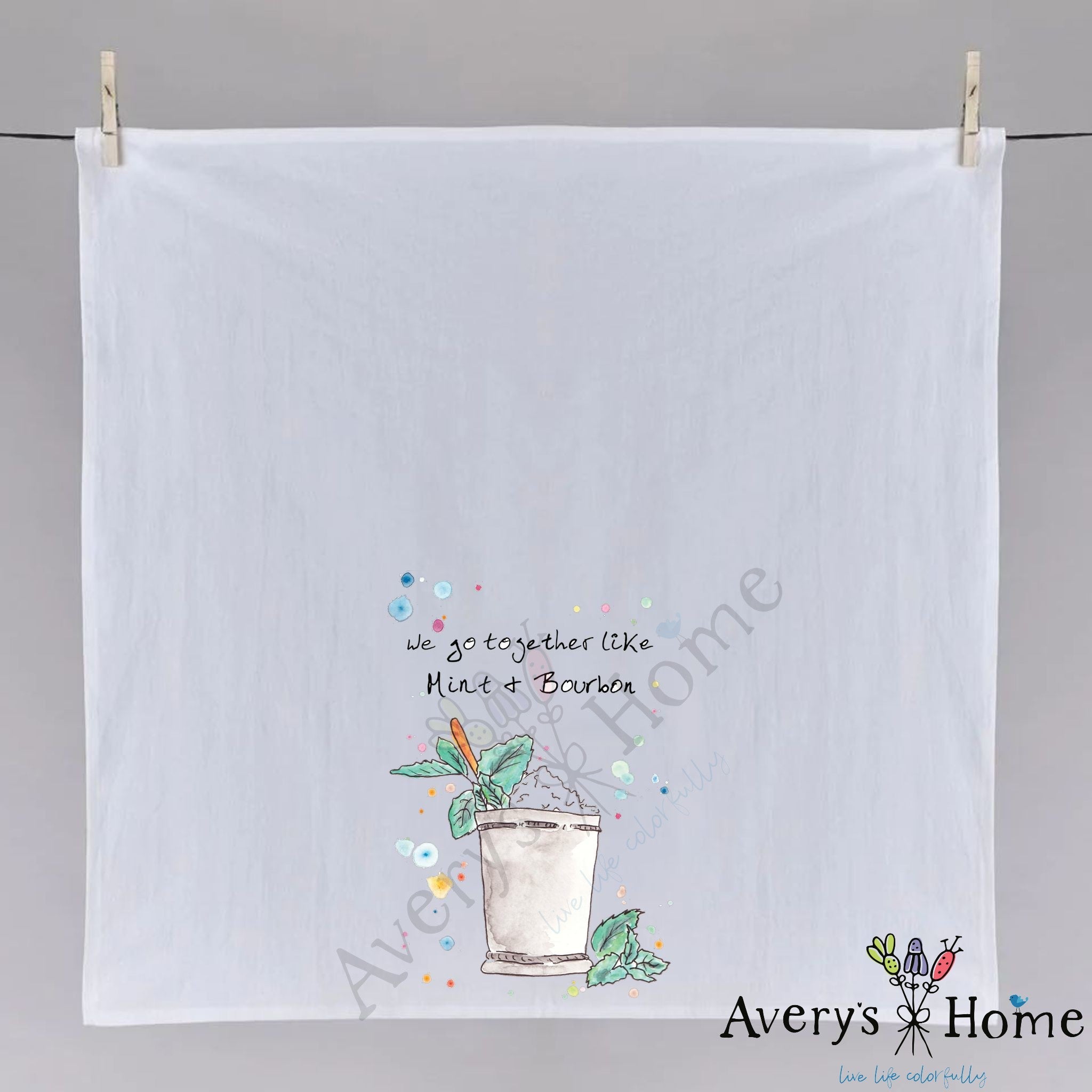 Mint and Bourbon Derby dish towel hanging in the kitchen