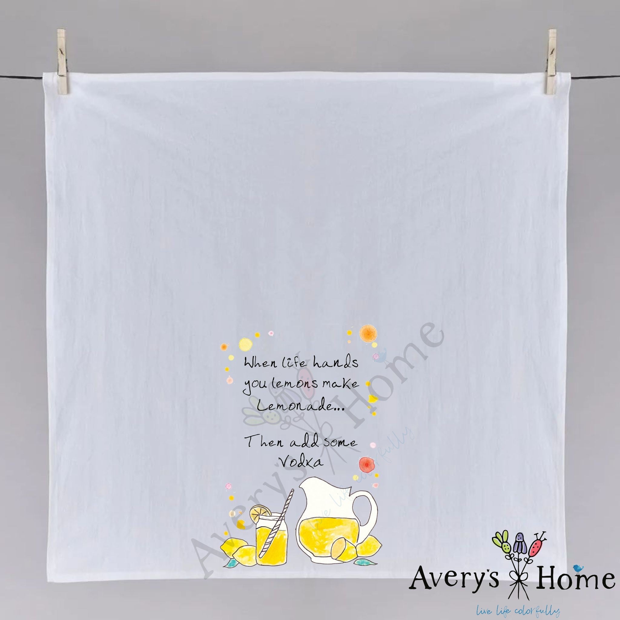 Vodka Lemonade dish towel hanging in the kitchen