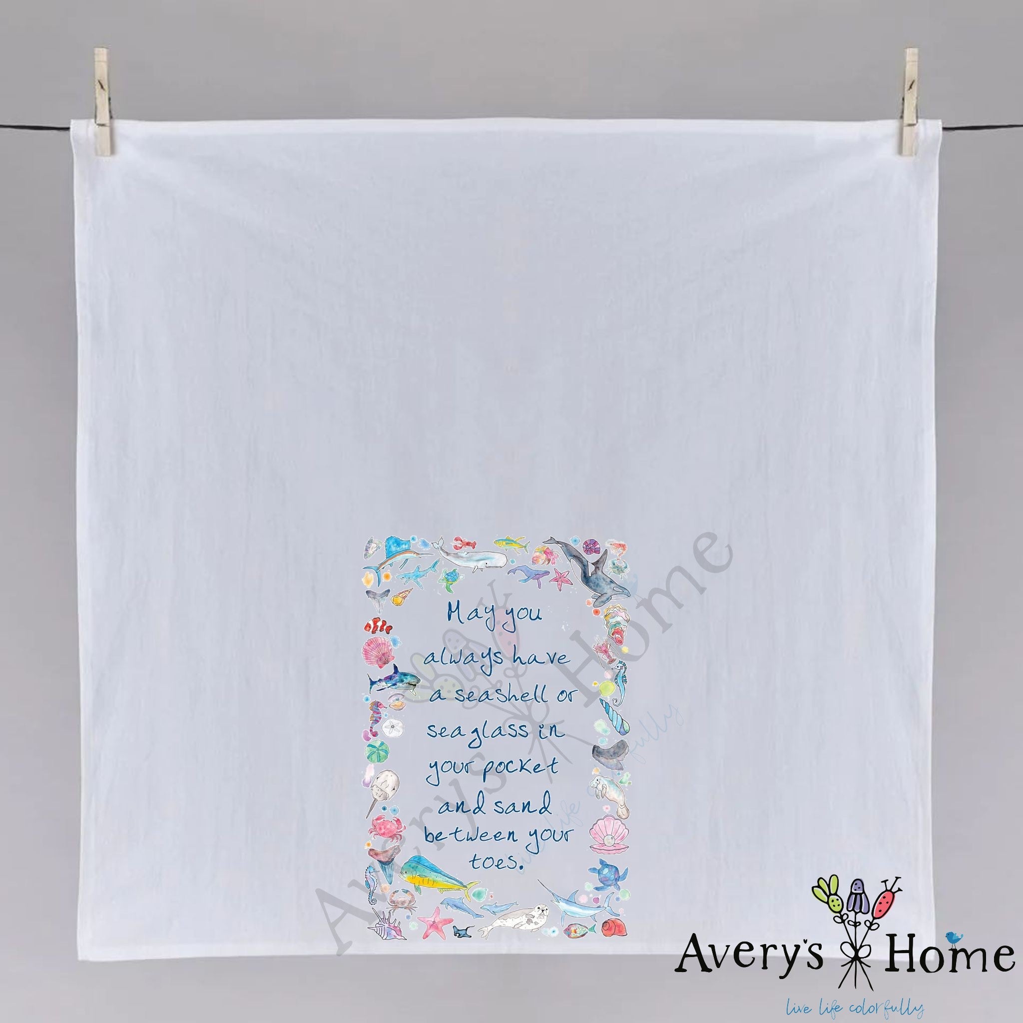 Ocean Blessing dish towel folded, hemmed on all four sides