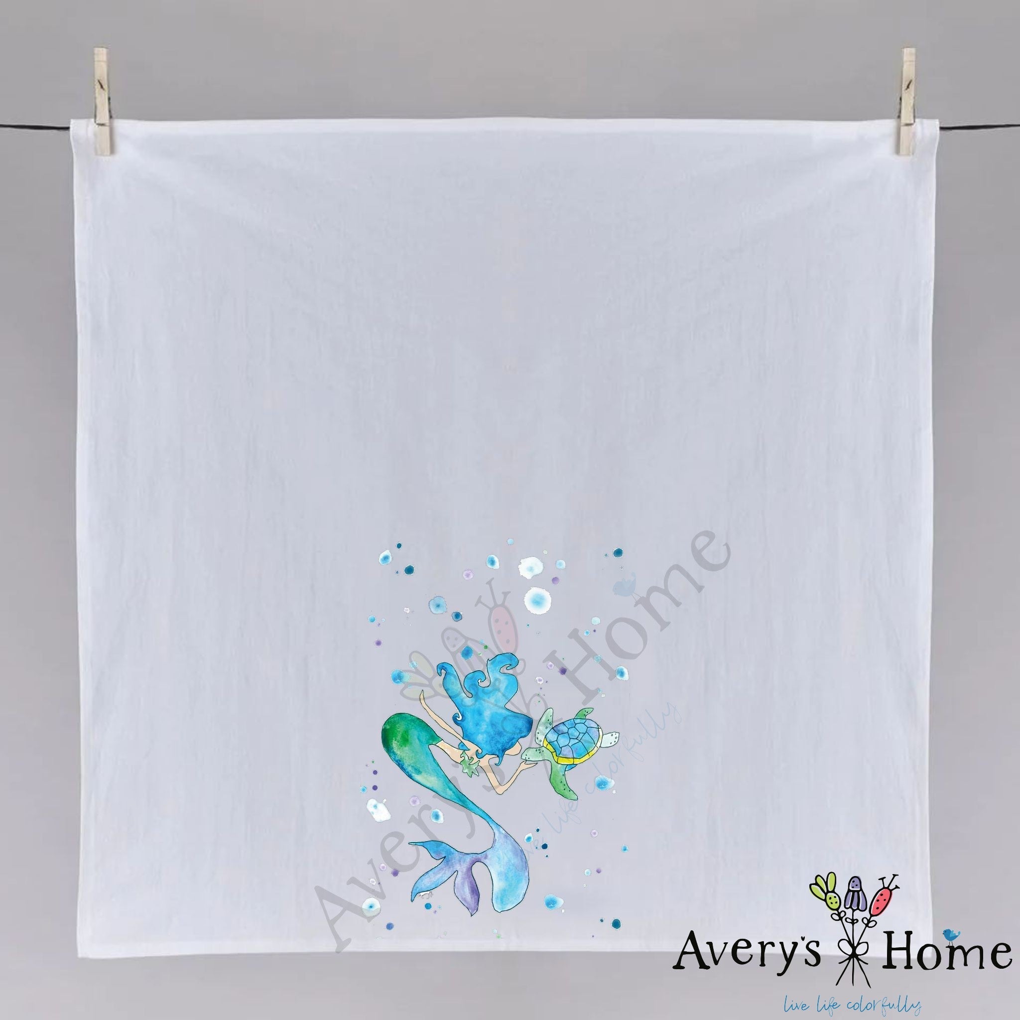 Mermaid and Turtle dish towel folded, hemmed on all four sides