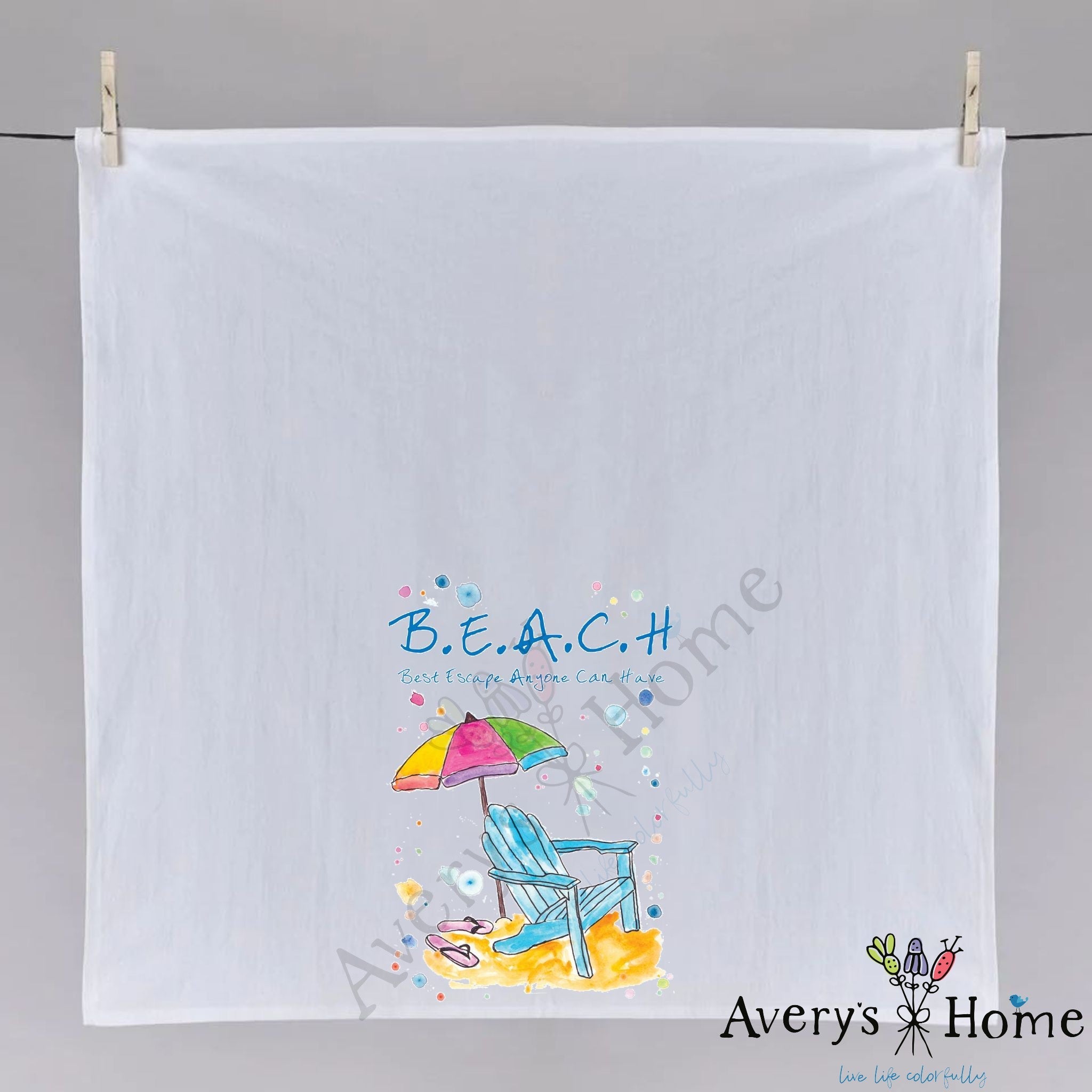 Beach Vacation dish towel folded, hemmed on all four sides