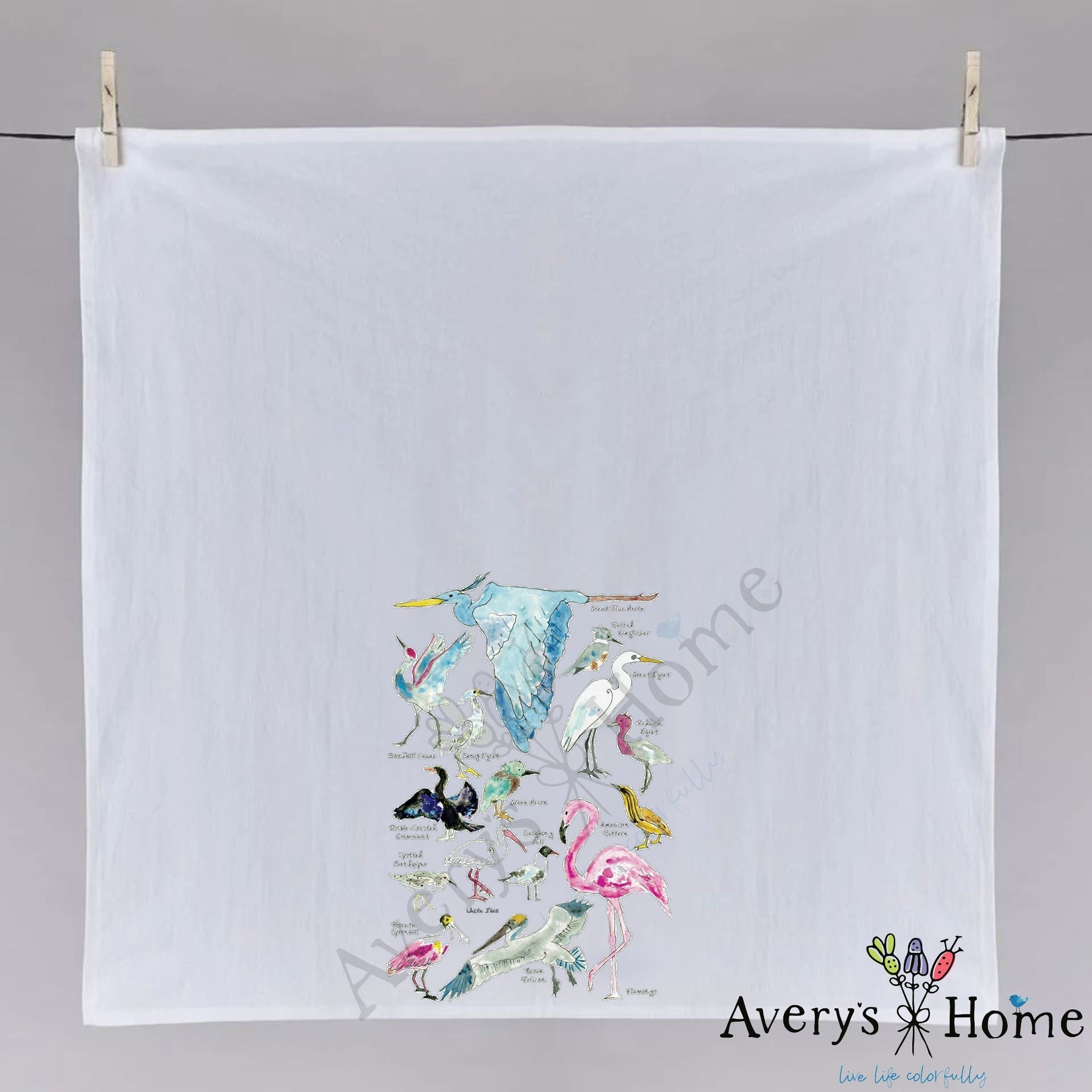 Coastal Birds dish towel hanging in the kitchen