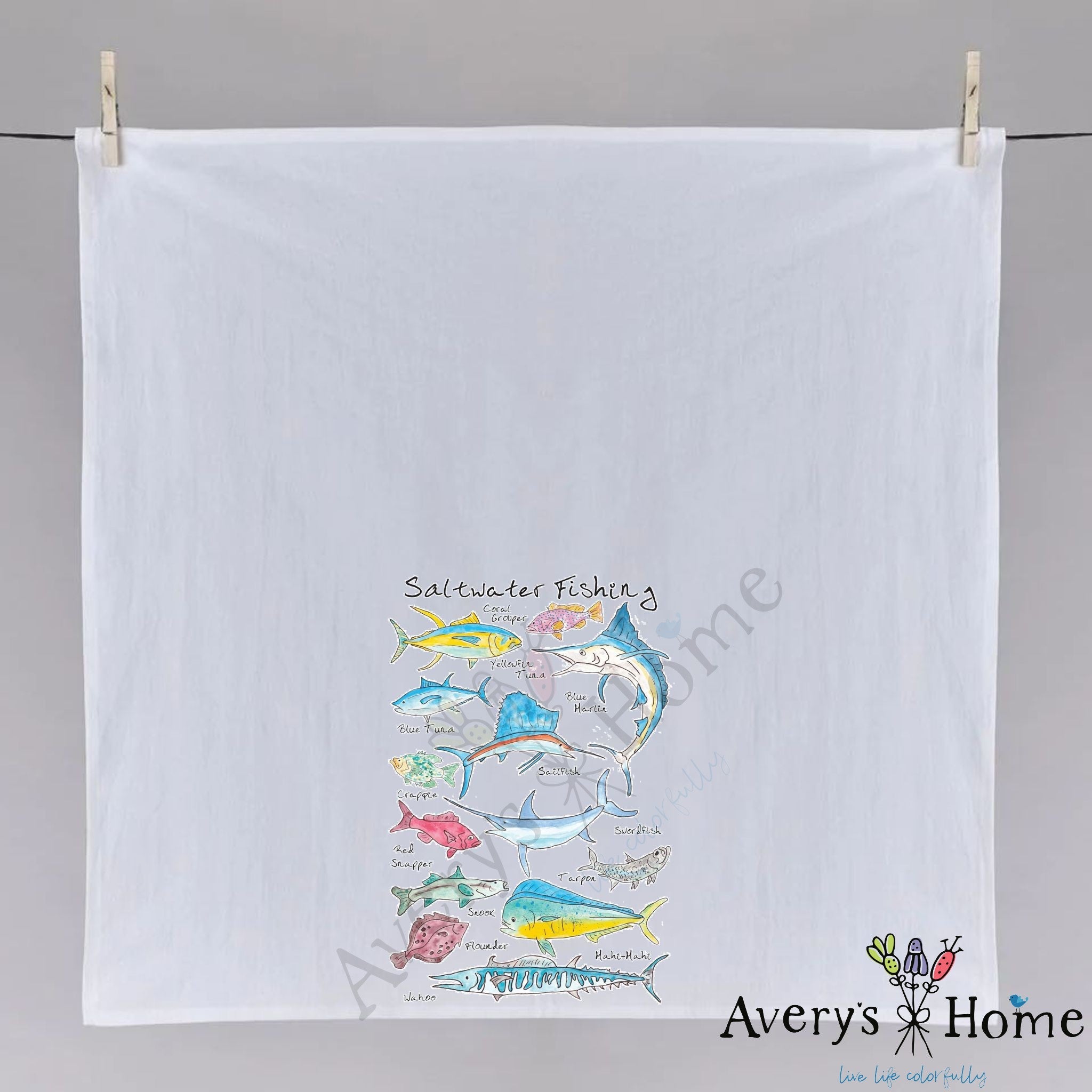 Saltwater Fishing dish towel hanging in the kitchen