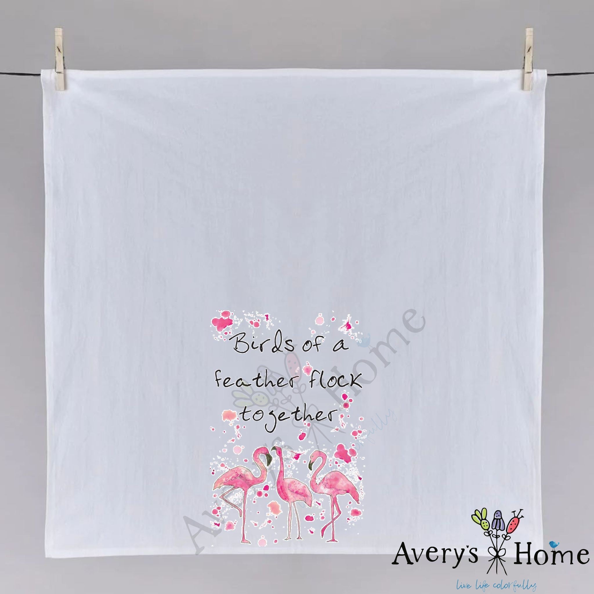 Birds of a Feather Flamingo dish towel folded, hemmed on all four sides