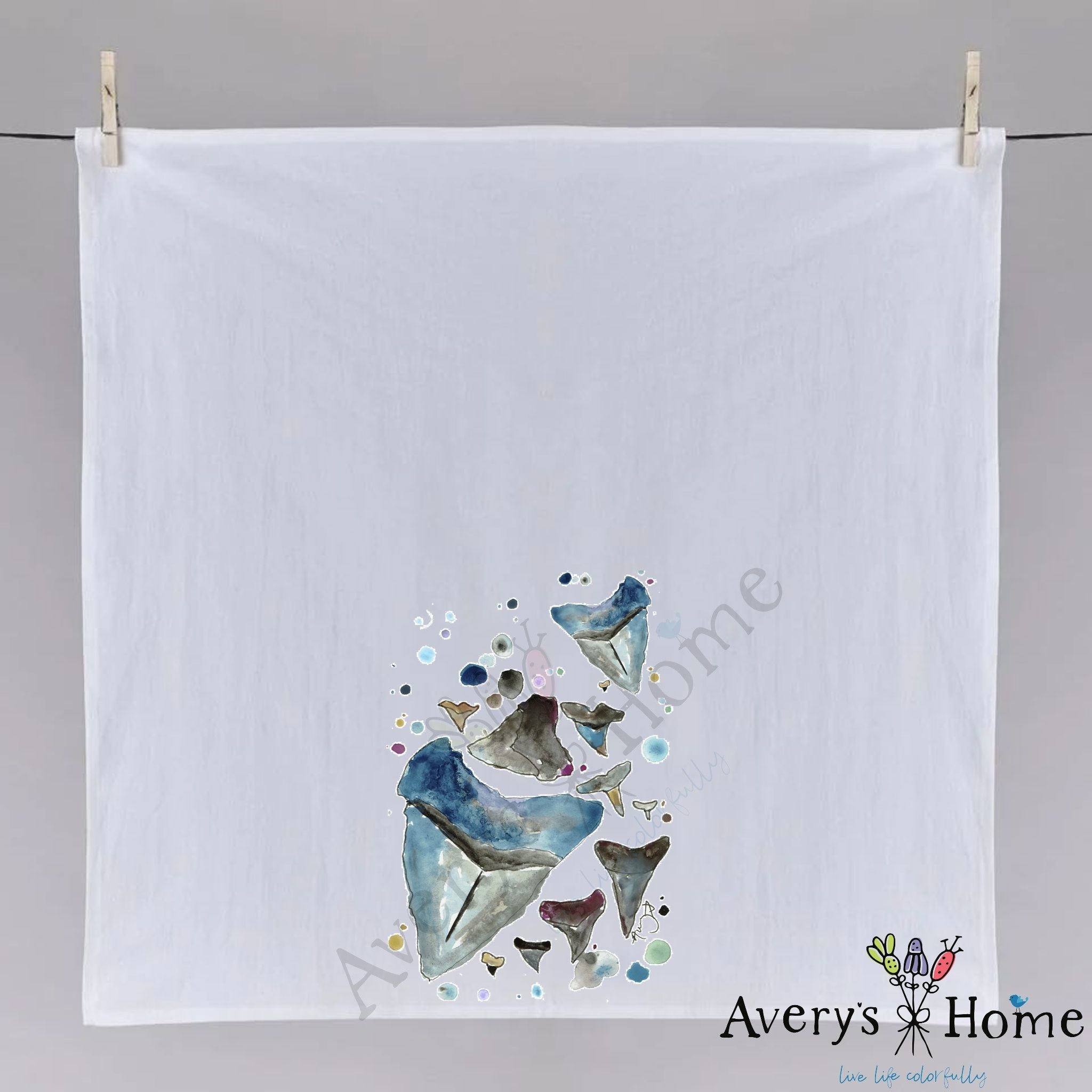 Shark Teeth dish towel hanging in the kitchen