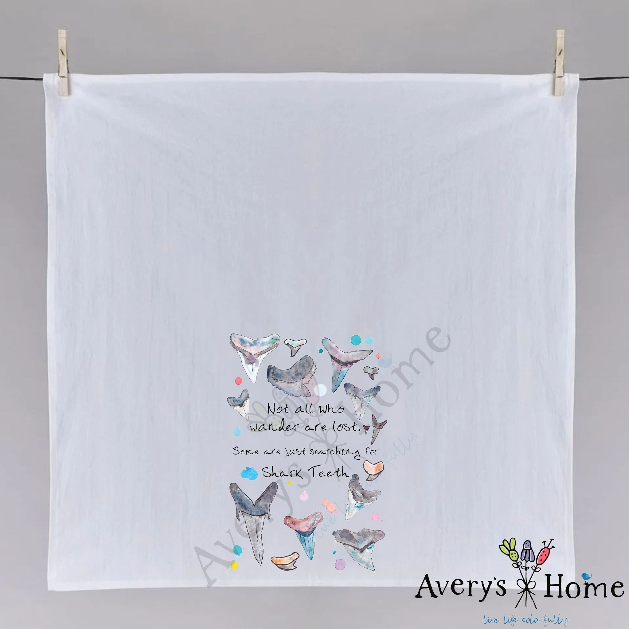 Shark Tooth Hunting dish towel hanging in the kitchen