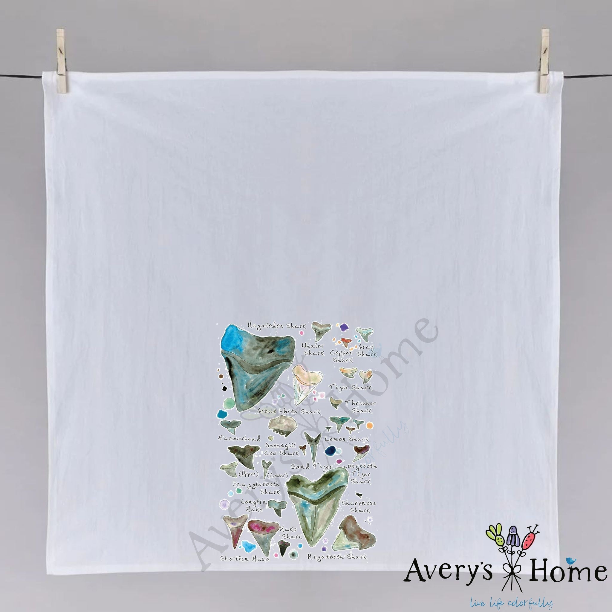 Shark Tooth Names dish towel hanging in the kitchen