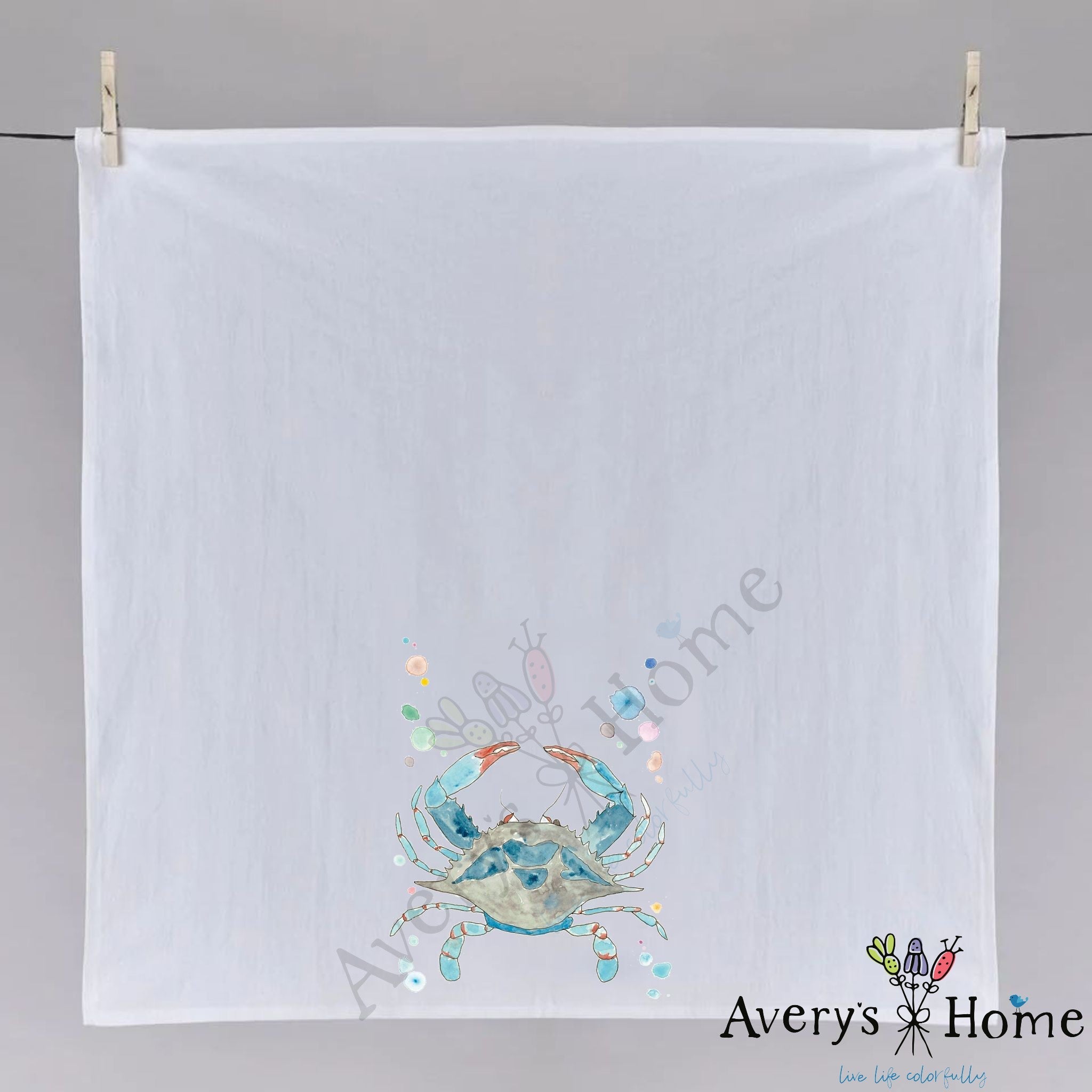 Blue Crab dish towel folded, hemmed on all four sides