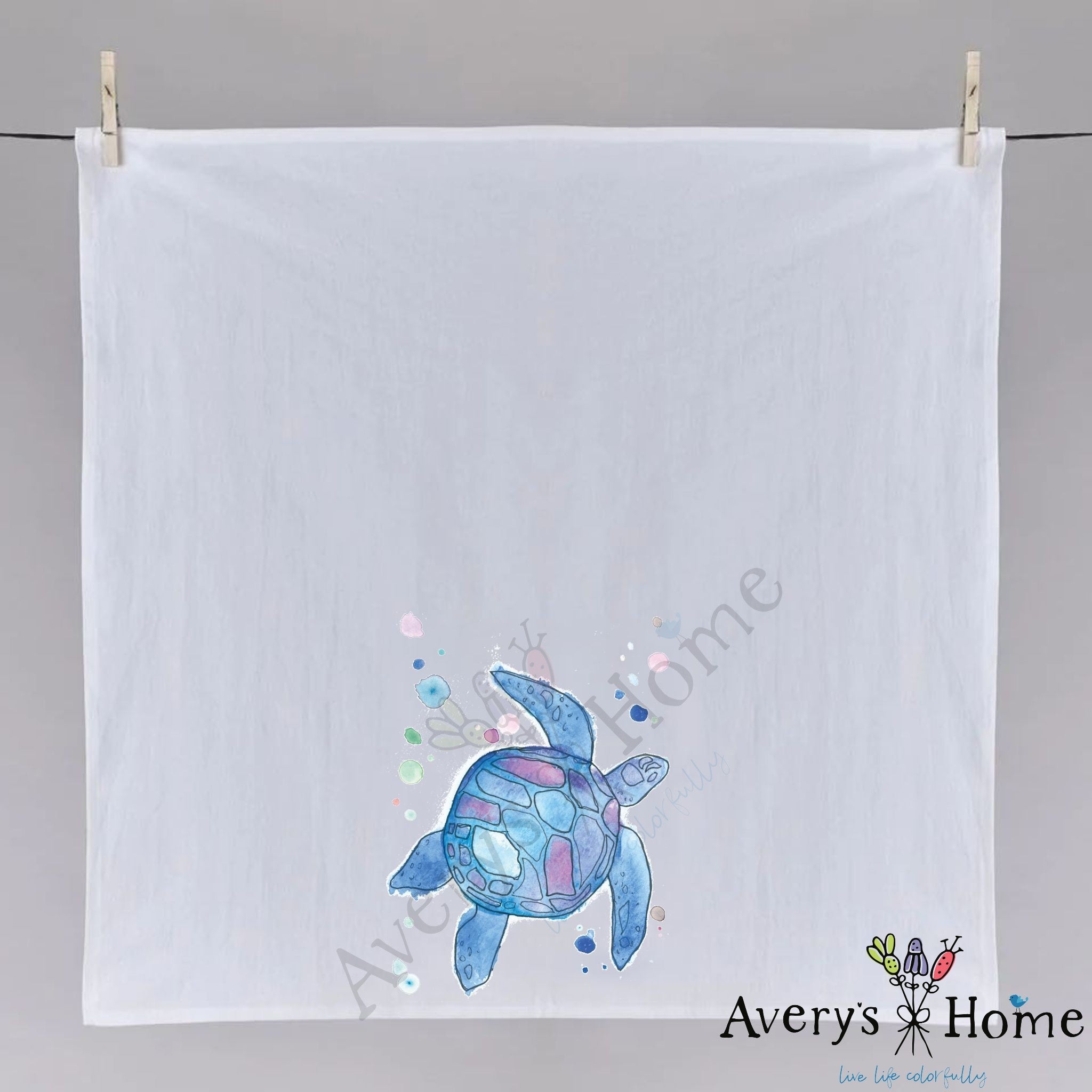 Blue Sea Turtle dish towel folded, hemmed on all four sides