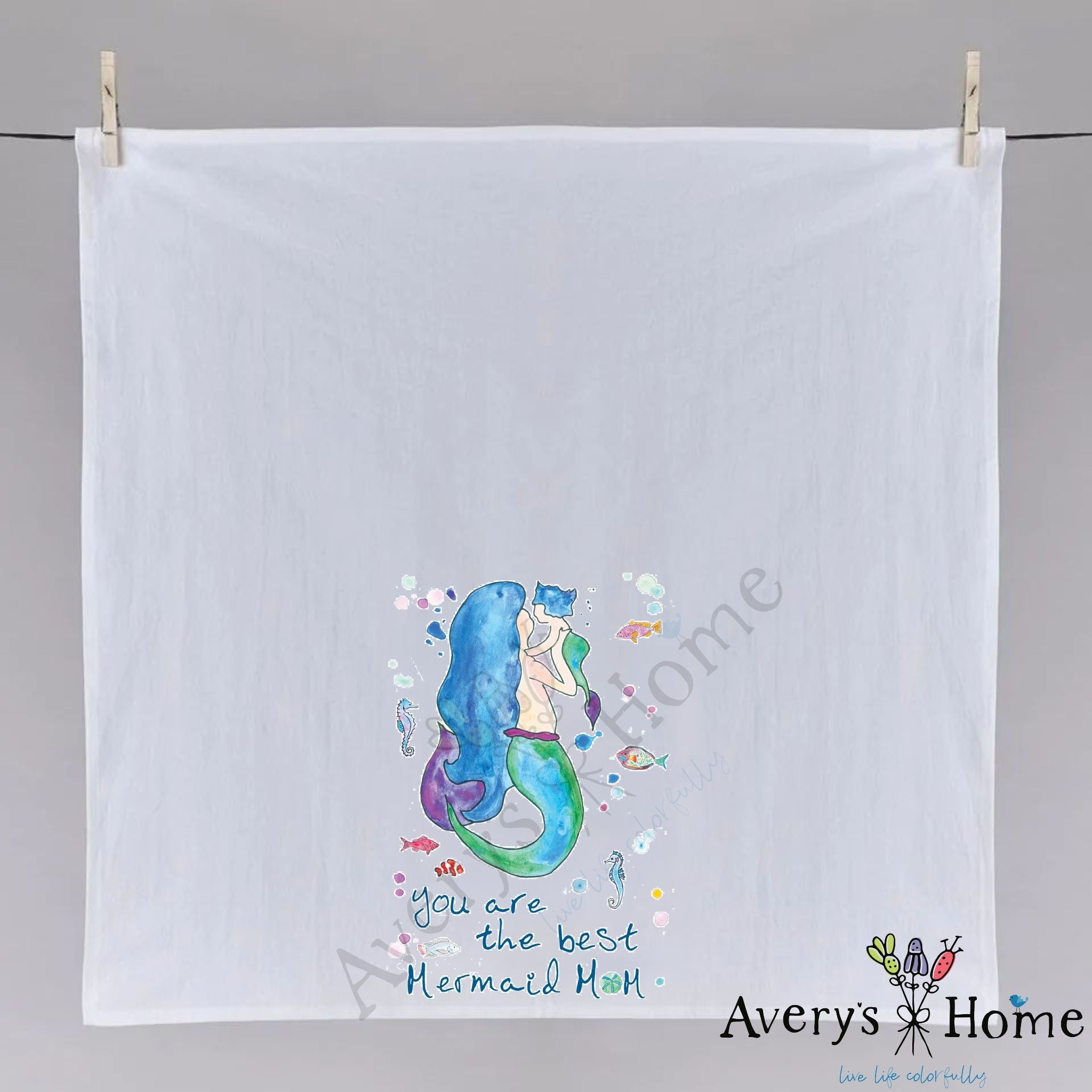 Mermaid Mom dish towel hanging in the kitchen