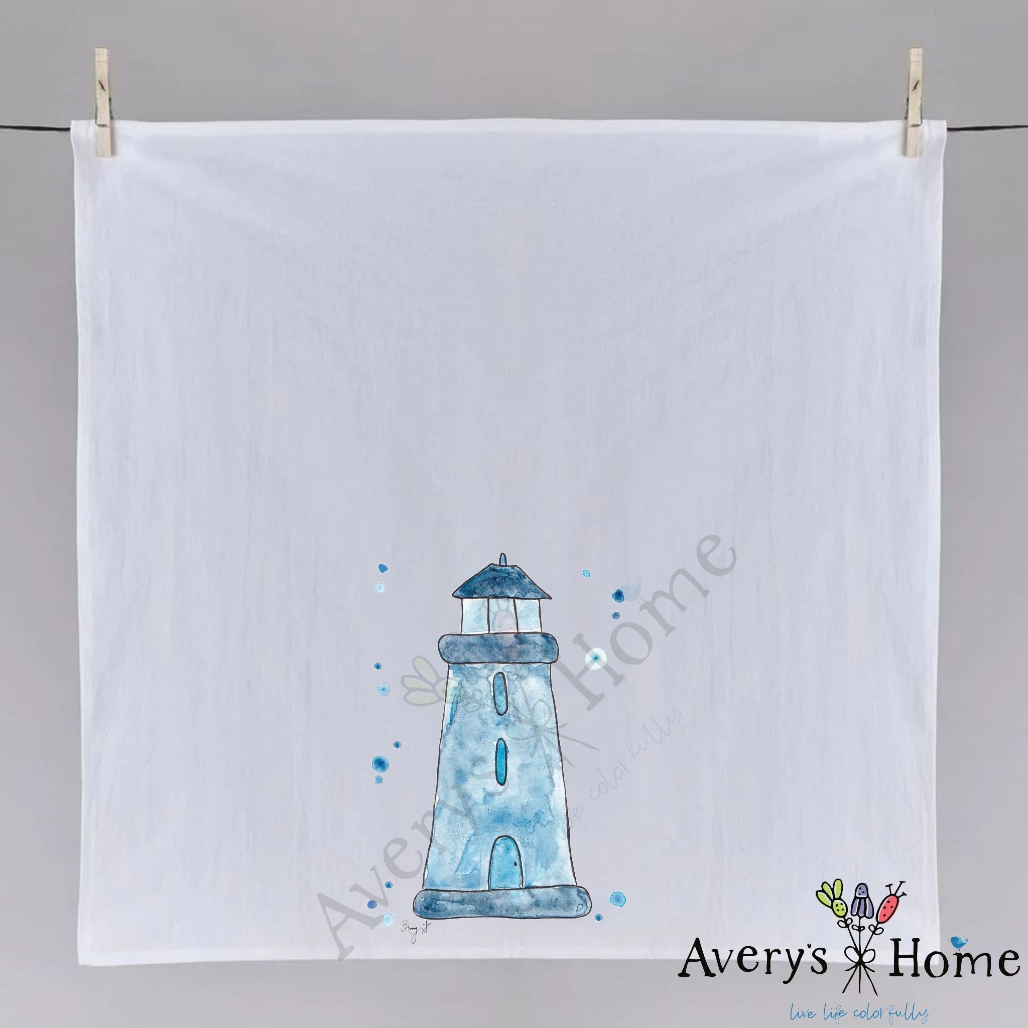 Navy Lighthouse dish towel folded, hemmed on all four sides