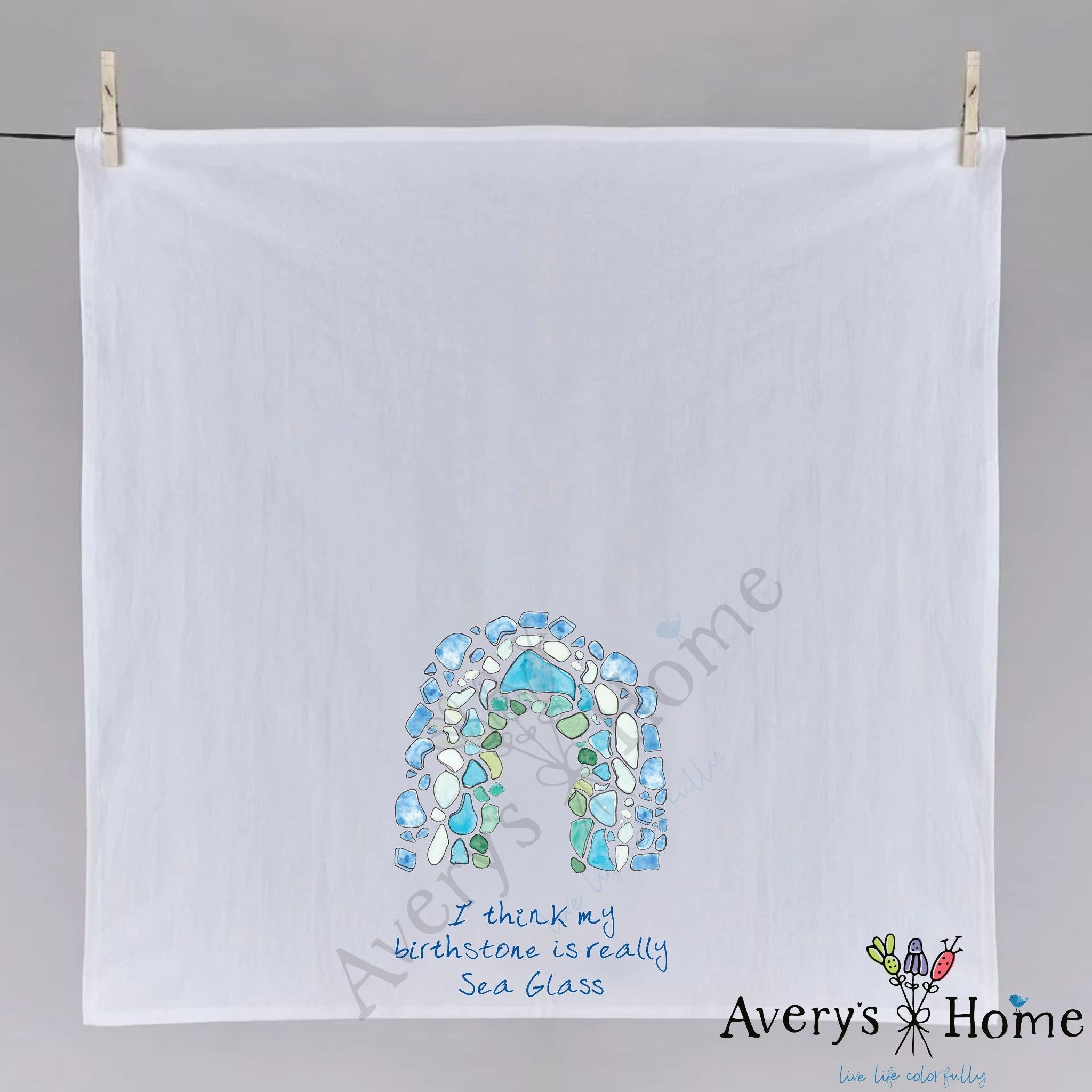 Sea Glass is My Birthstone dish towel hanging in the kitchen