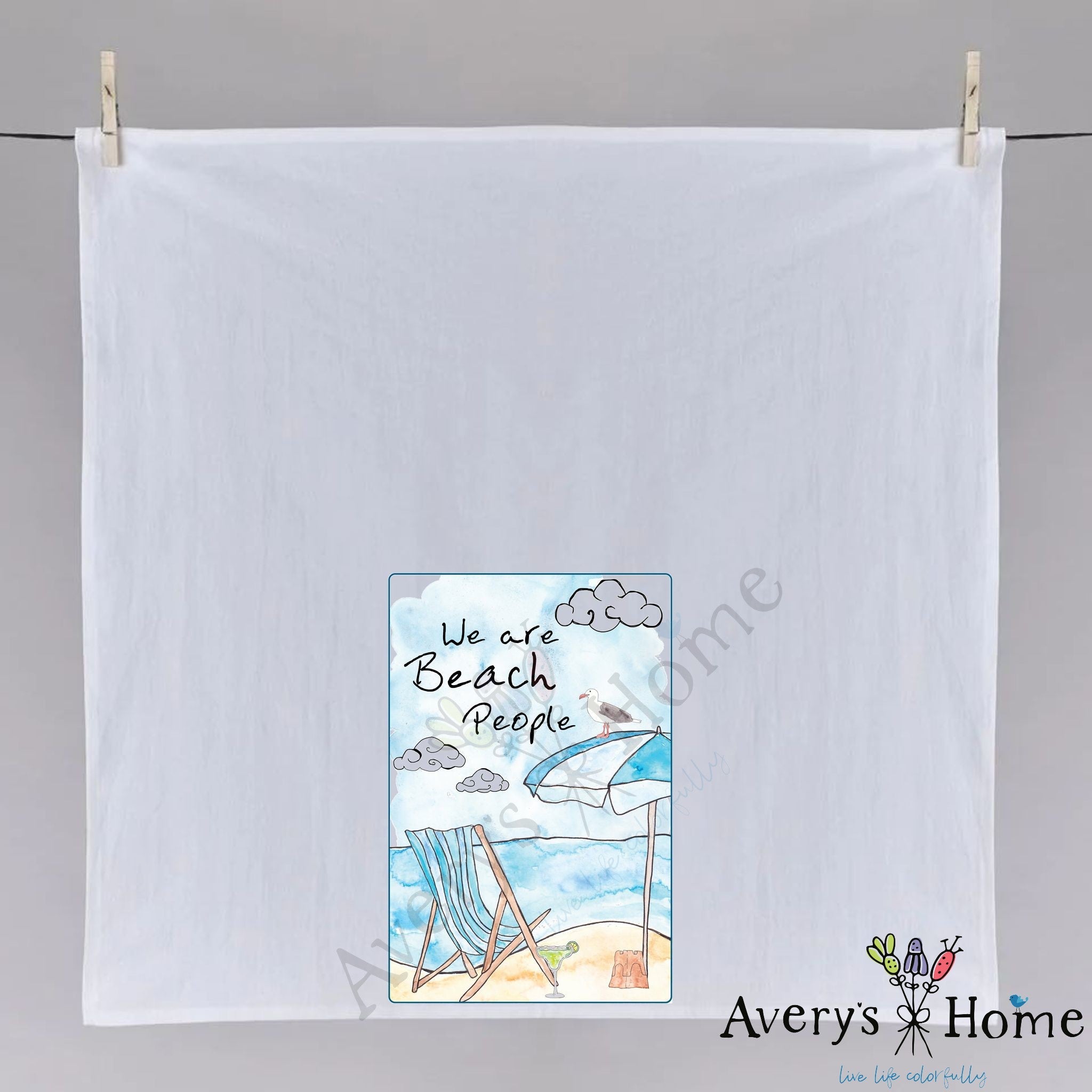 We are Beach People dish towel folded, hemmed on all four sides