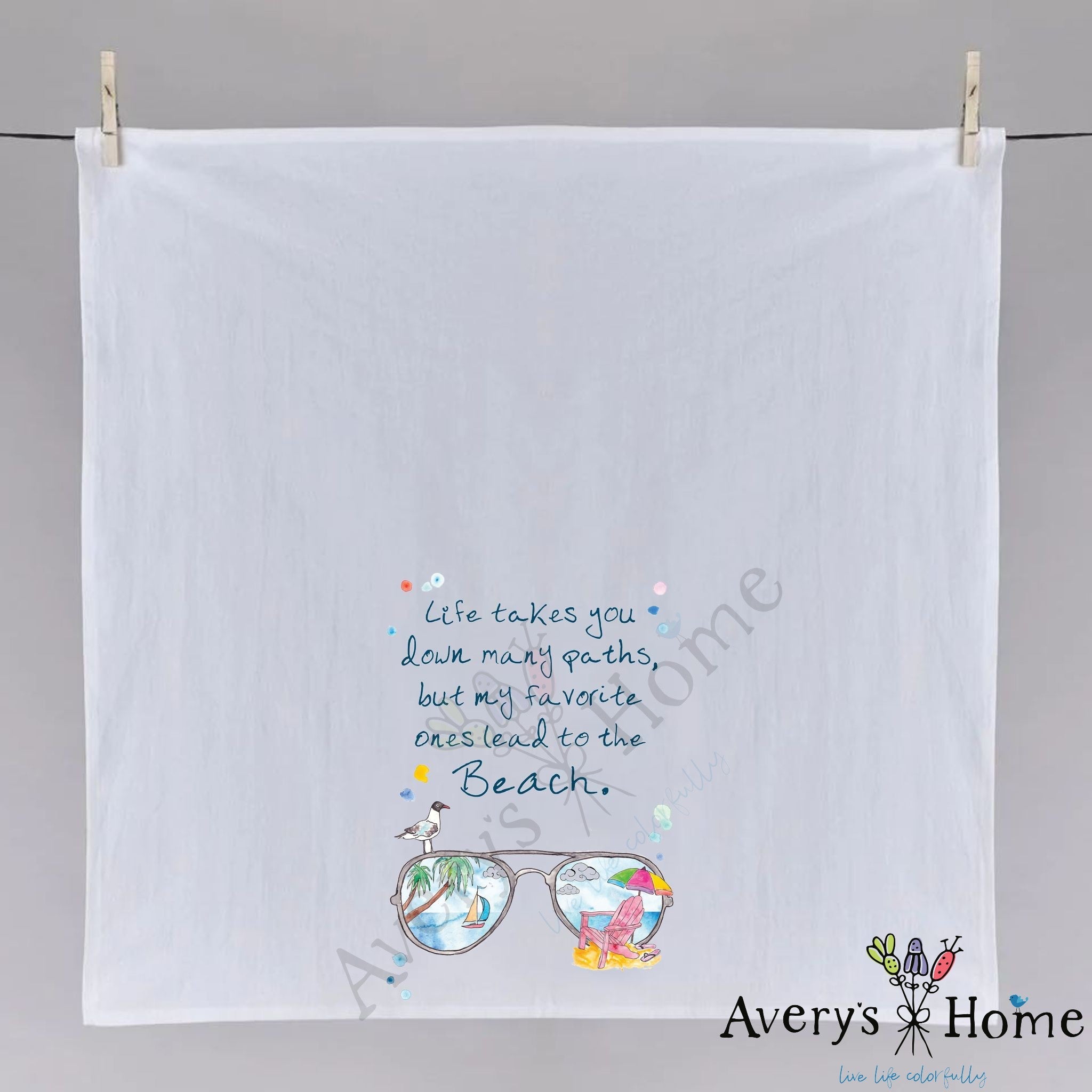All Paths Lead to the Beach dish towel hanging in the kitchen