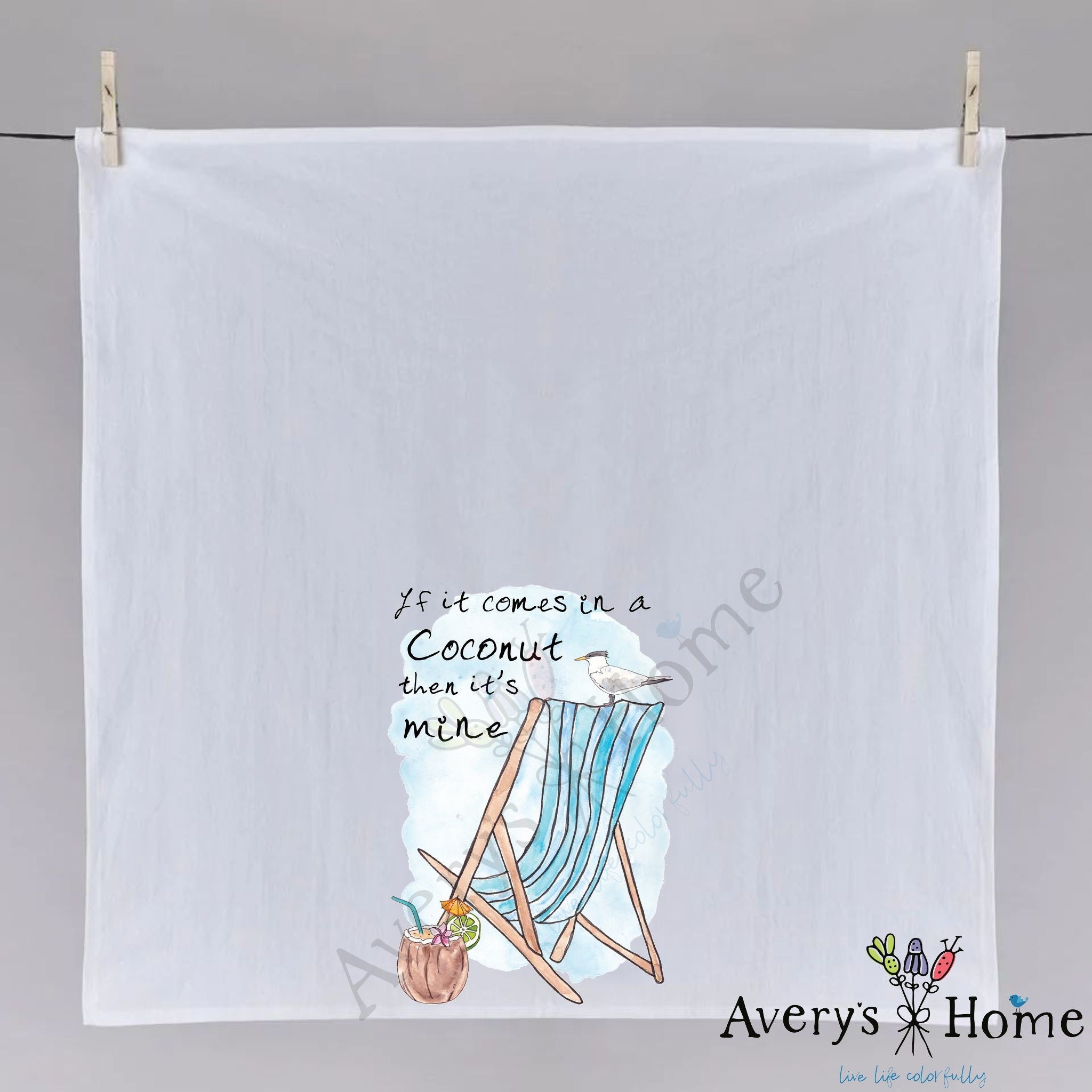 In a Coconut it's Mine dish towel hanging in the kitchen