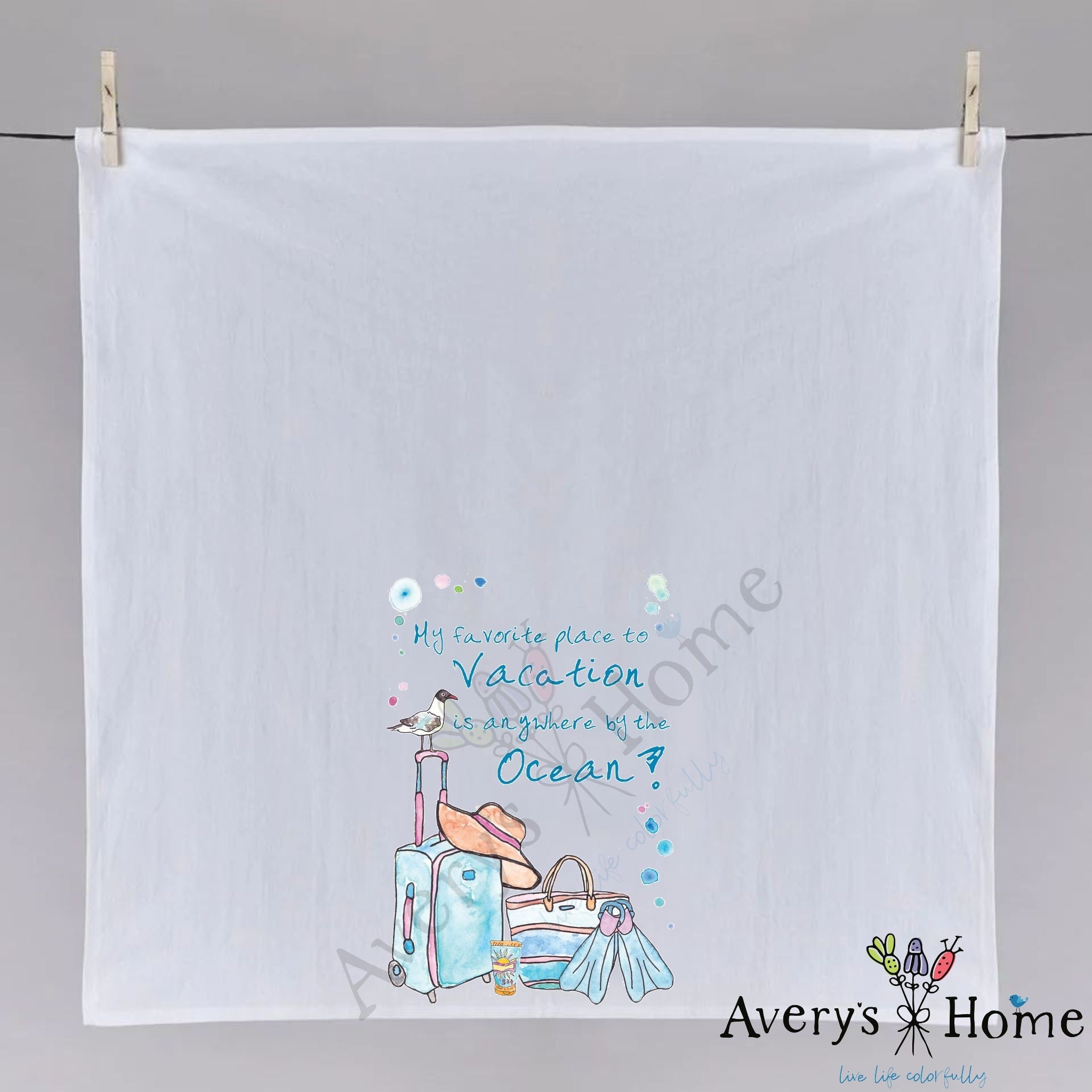 Summer Beach Vacation dish towel folded, hemmed on all four sides