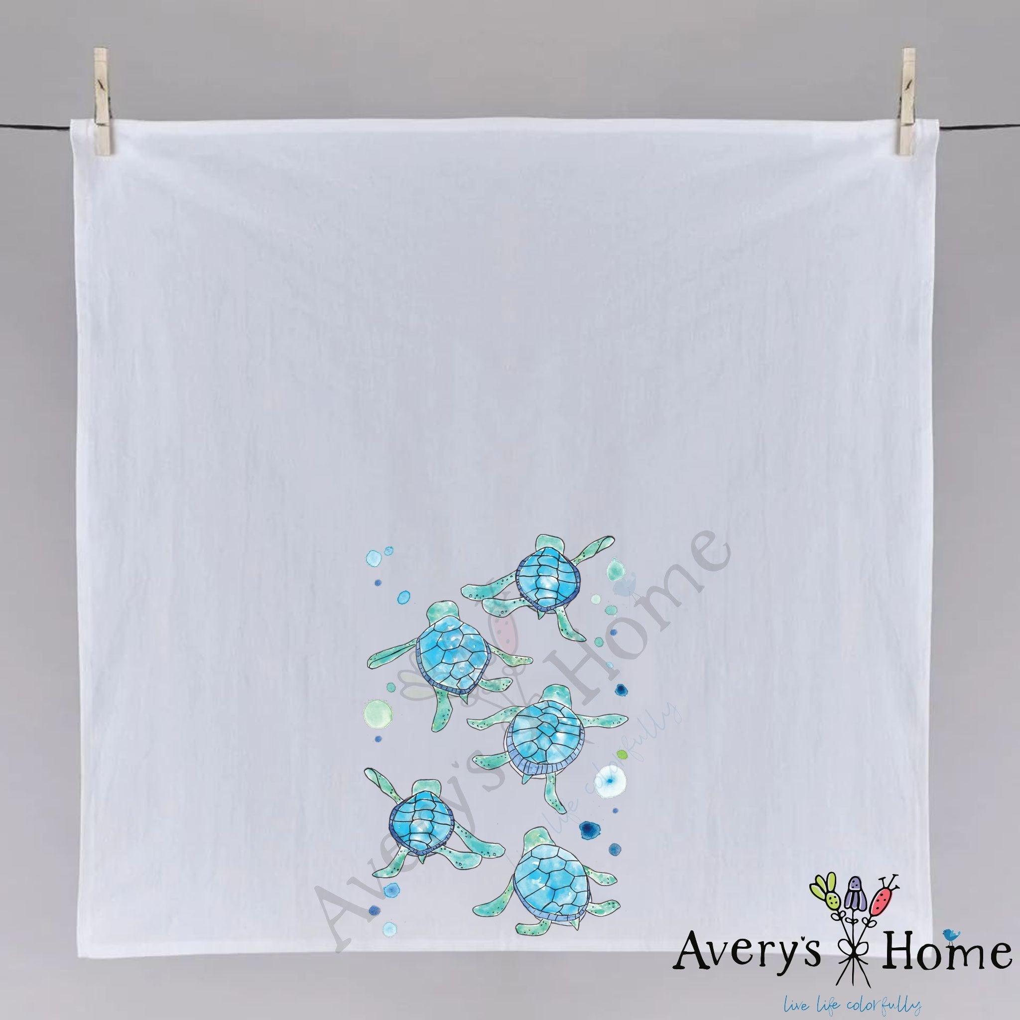 Baby Turtles Walking dish towel folded, hemmed on all four sides