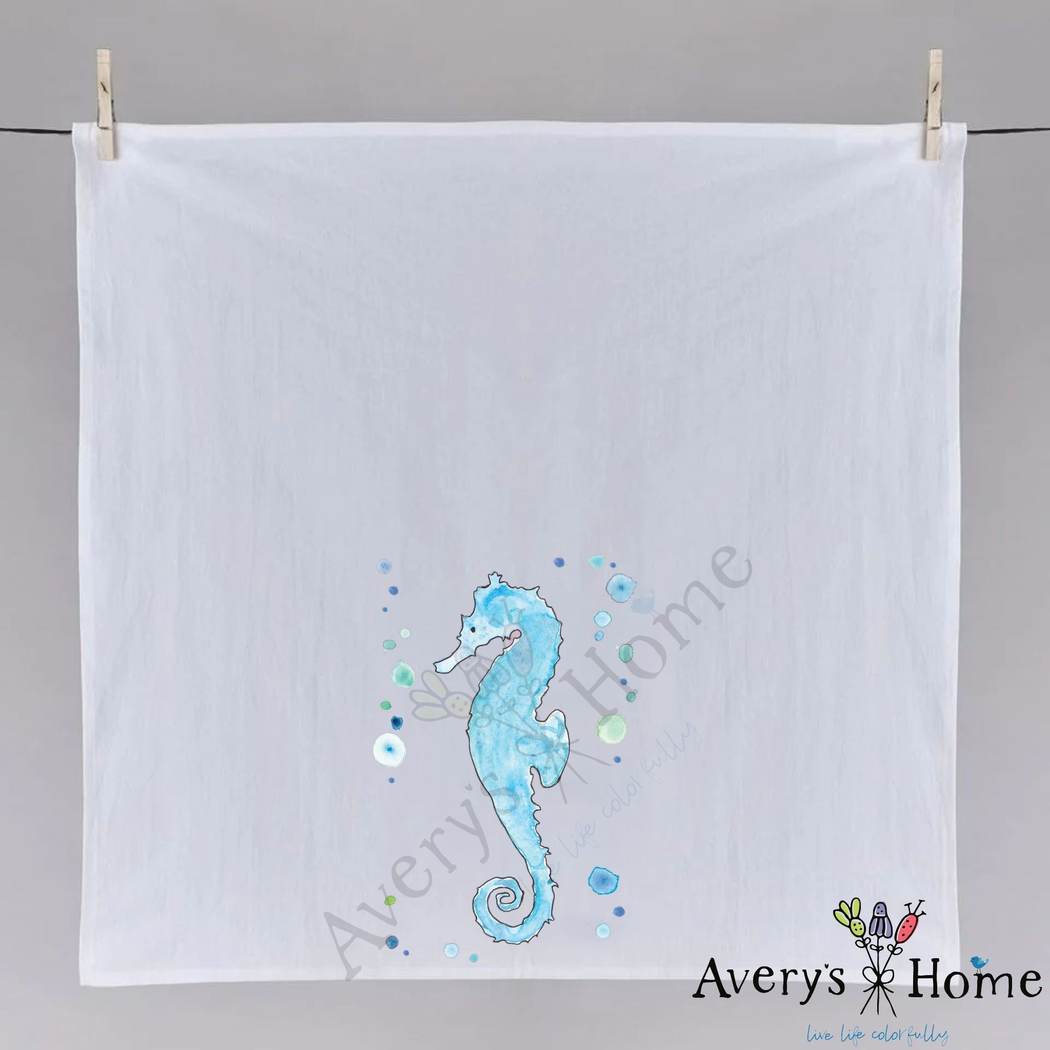 Seahorse dish towel folded, hemmed on all four sides