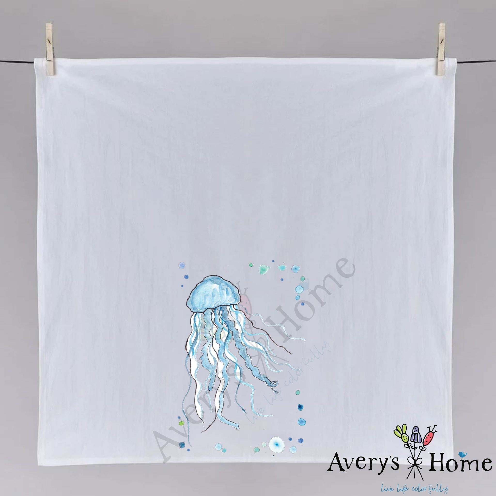 Jellyfish dish towel folded, hemmed on all four sides