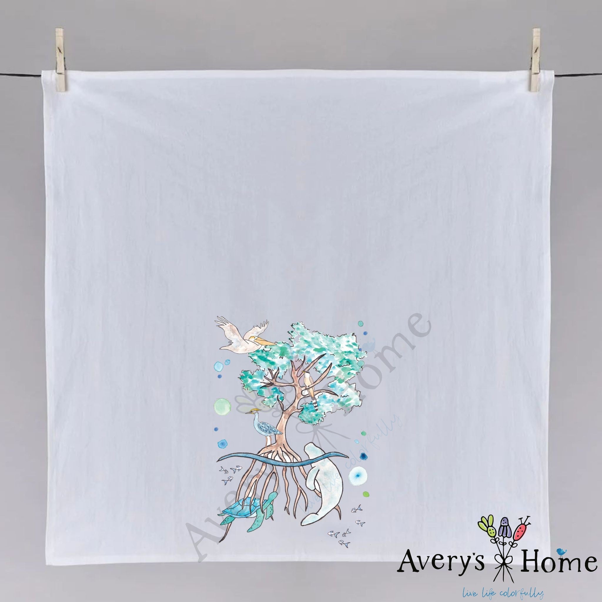 Mangrove Ecosystem dish towel folded, hemmed on all four sides