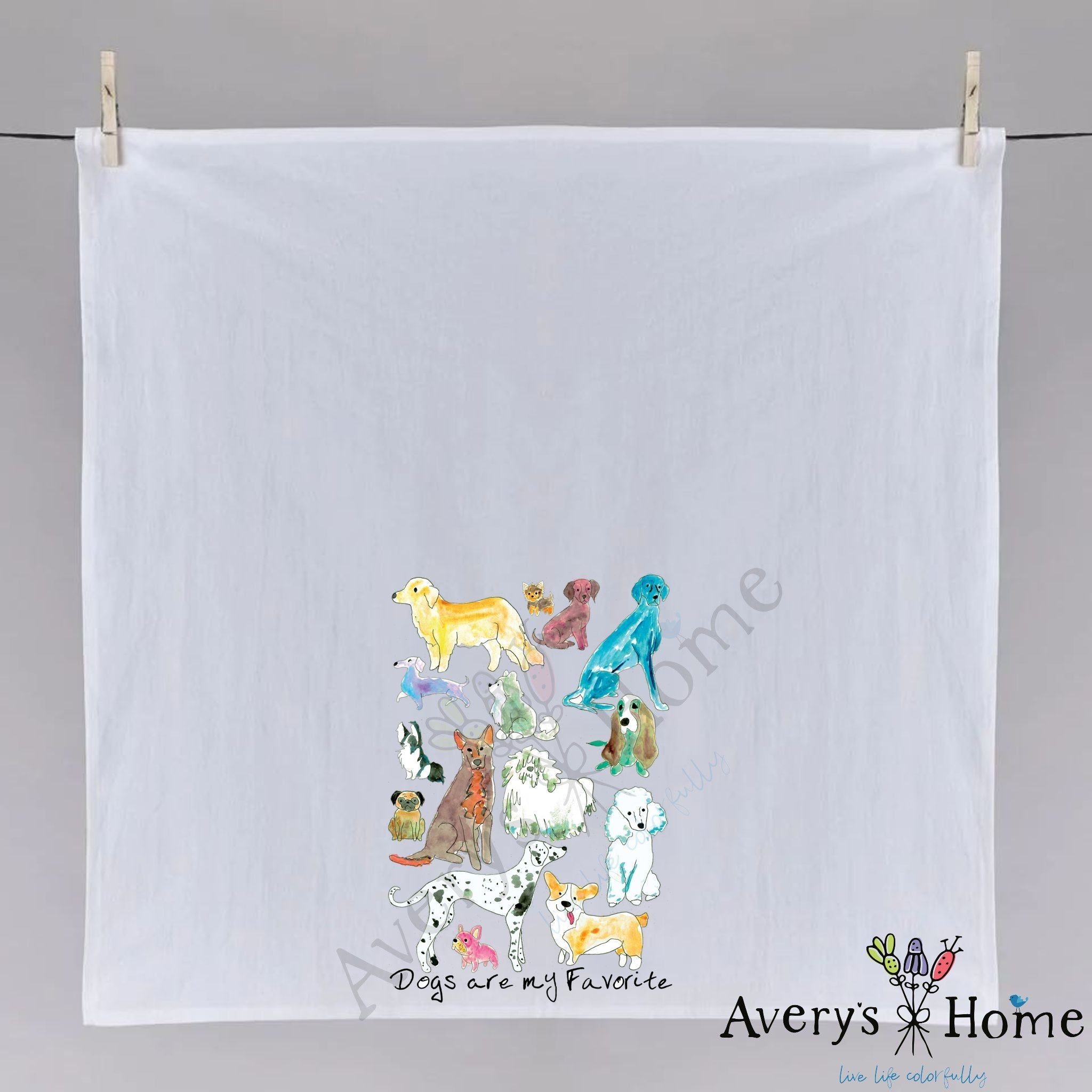 Dogs are My Favorite dish towel hanging in the kitchen
